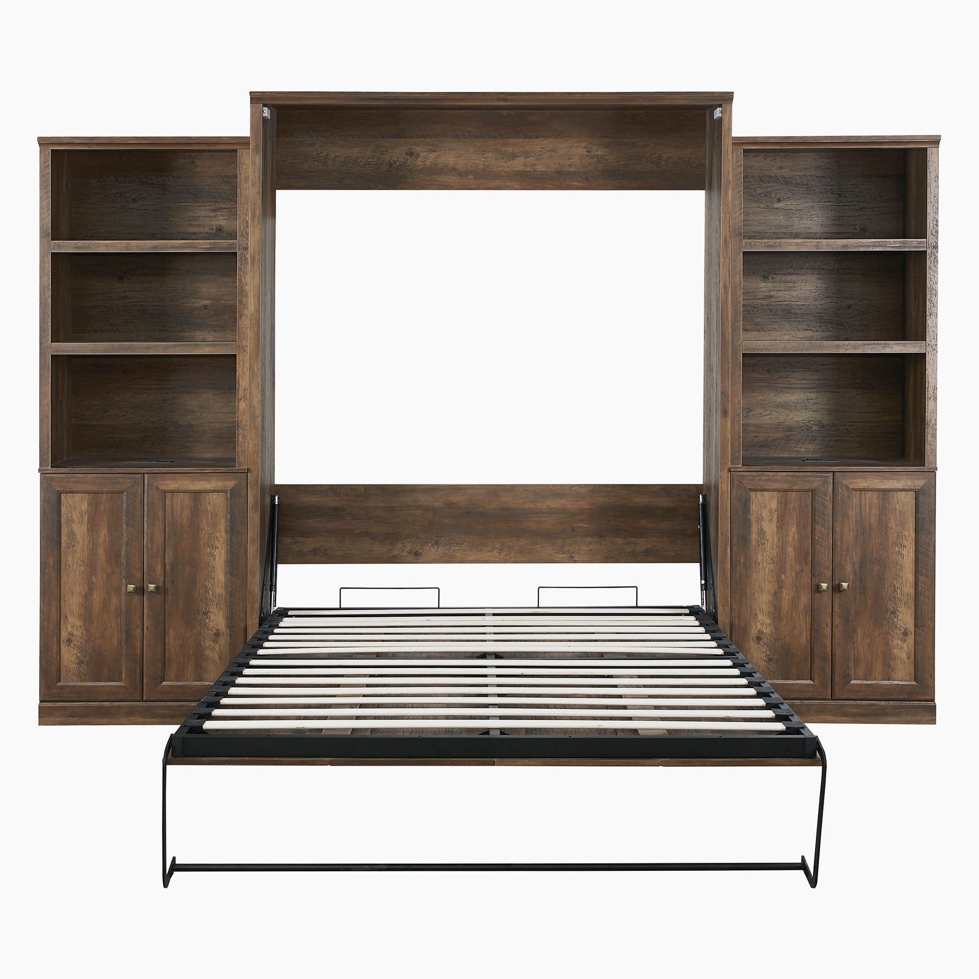Queen Size Half Self Close And Open Murphy Bed With 2 Side Cabinet Storage Shelf, Cabinet Space Saving Bed Perfect For Guest Room, Bed Room, Guest Room, Home Office, Brown Box Spring Not Required Queen Brown Wood Brown Pine Murphy Solid Wood Mdf