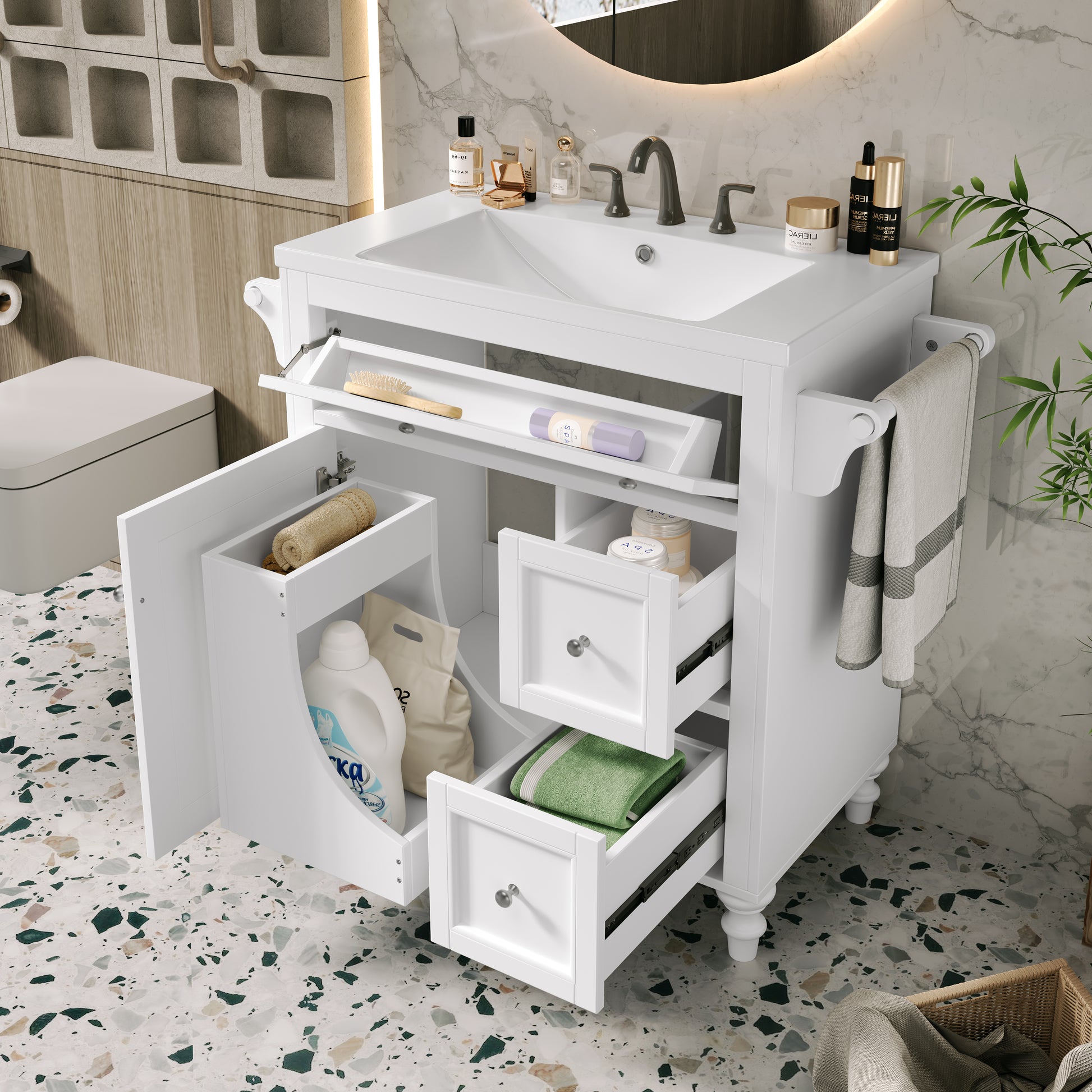 30'' Bathroom Vanity With Top Sink, Modern Bathroom Storage Cabinet With 2 Drawers And A Tip Out Drawer, Single Sink Bathroom Vanity Same As Sw000143Aak White Bathroom Modern Solid Wood Mdf Resin