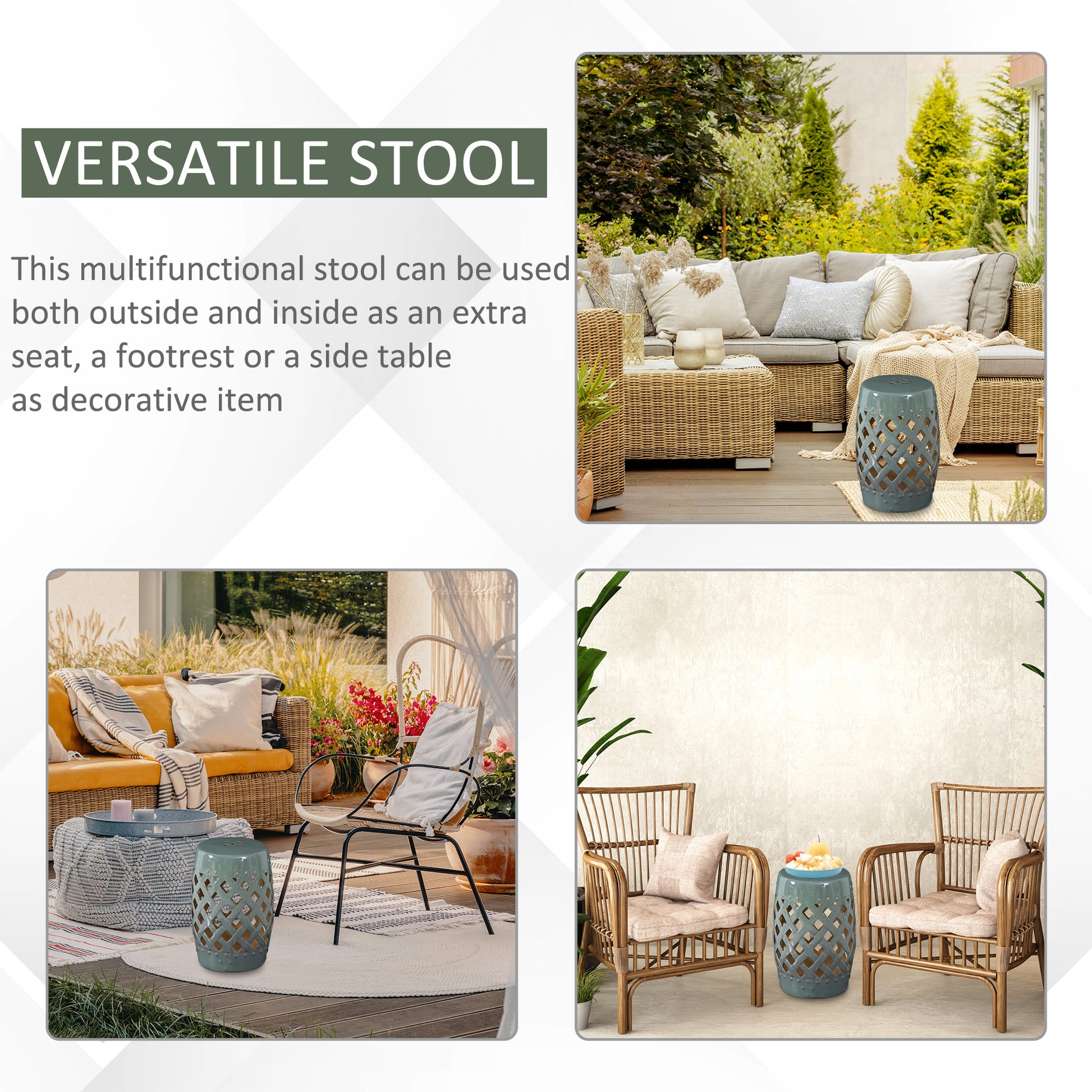 Outsunny 13" X 18" Ceramic Garden Stool With Woven Lattice Design & Glazed Strong Materials Decorative End Table, Green Green Porcelain