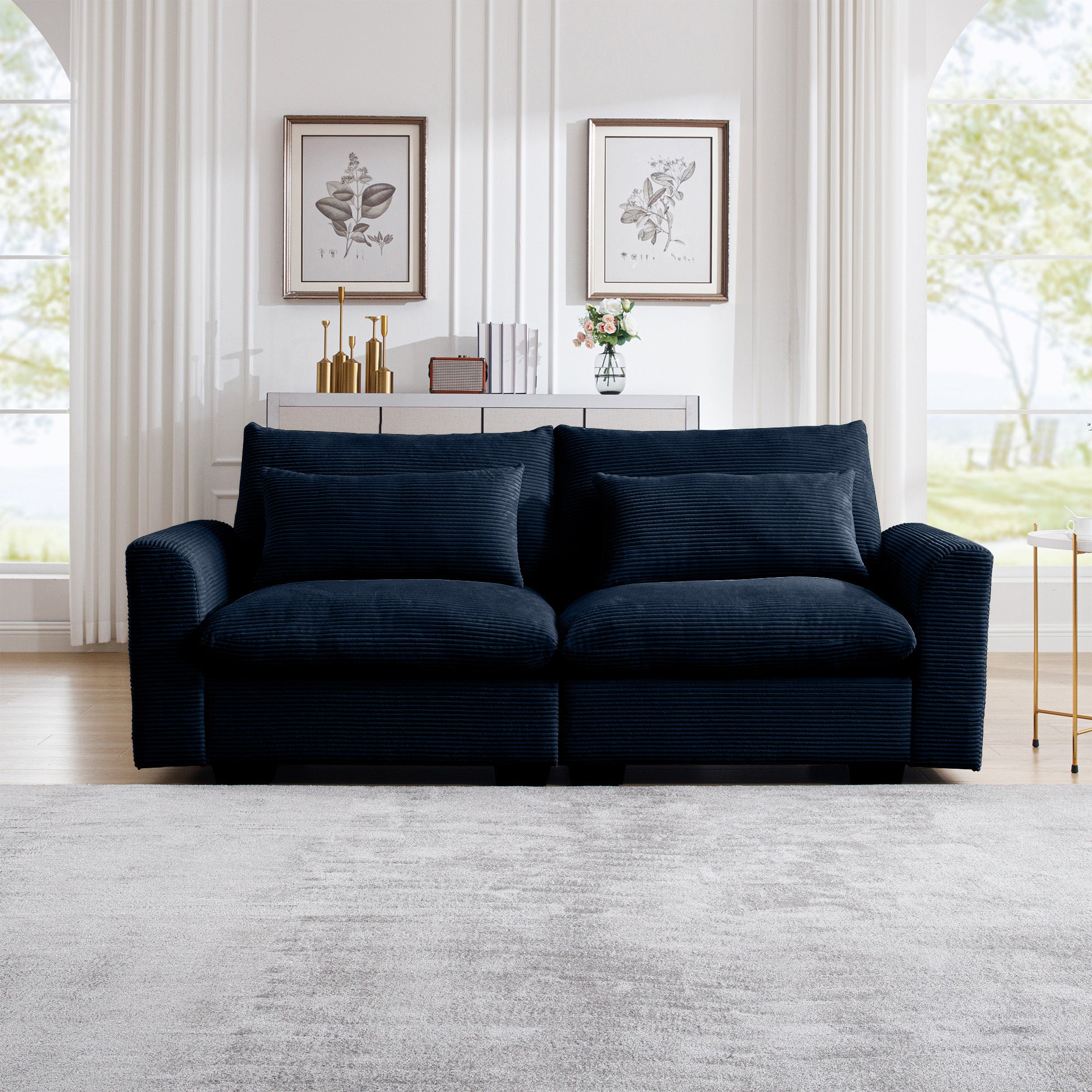 Modern Sofa 2 Seater Corduroy Fabric Sofa With Armrests For Apartment Living Room, Bule Blue Corduroy 2 Seat