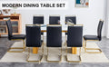 Table And Chair Set.Large Modern Rectangular Table With 0.4 Inch Patterned Glass Tabletop And Large Mdf Table Legs.Comes With 8 Chairs With Faux Leather Cushioned Seats And Golden Metal Legs. Gold White Seats 8 Mdf Glass