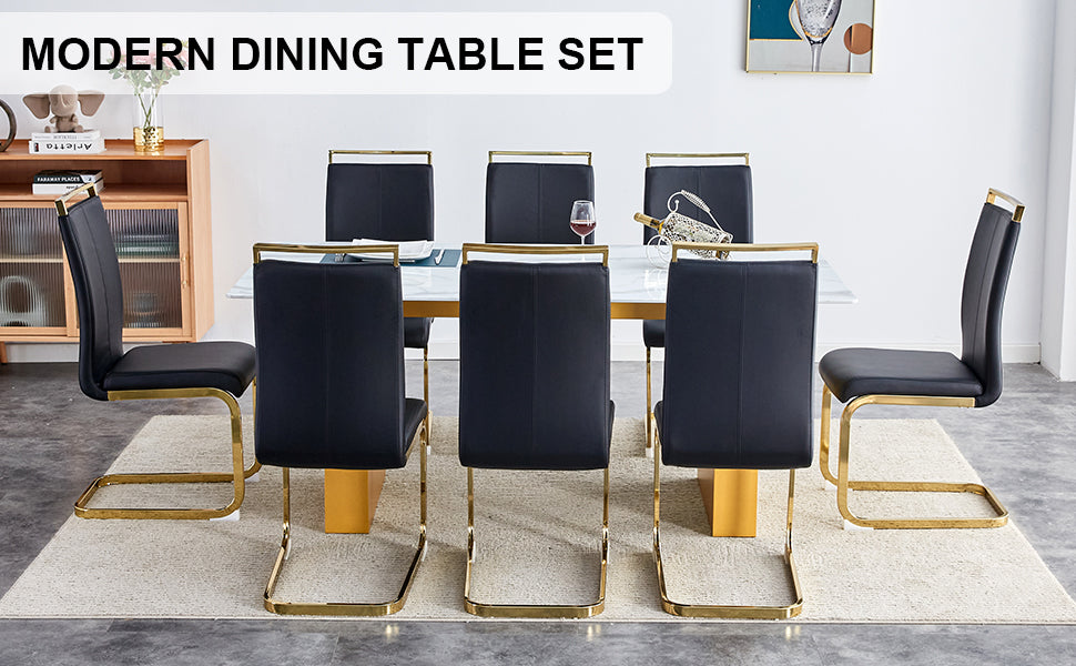 Table And Chair Set.Large Modern Rectangular Table With 0.4 Inch Patterned Glass Tabletop And Large Mdf Table Legs.Comes With 8 Chairs With Faux Leather Cushioned Seats And Golden Metal Legs. Gold White Seats 8 Mdf Glass