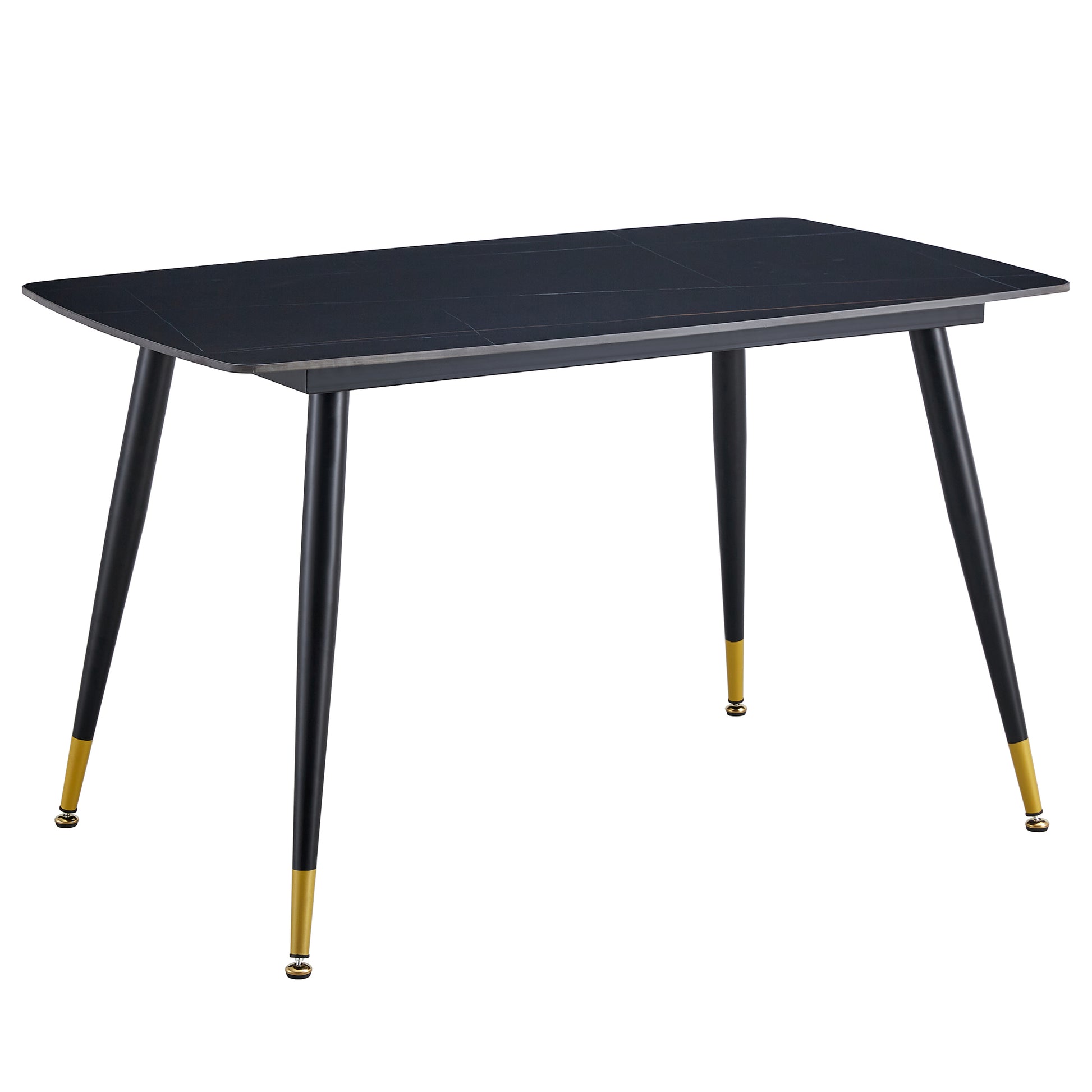 Table And Chair Set. Large Modern Rectangular Table With Black Textured Top And Black Metal Legs. Soft And Comfortable Pu Seats, Faux Leather Upholstered Seats And Sturdy Metal Legs. White Black Seats 4 Sintered Stone