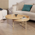 Modern Round Wood Rotating Tray Coffee Table With Storage & Metal Legs In Natural Natural Metal,Rubber Wood