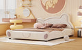 Queen Size Velvet Platform Bed With Bear Shaped Headboard, With Bed End Storage Pocket, Beige Queen Beige Plywood