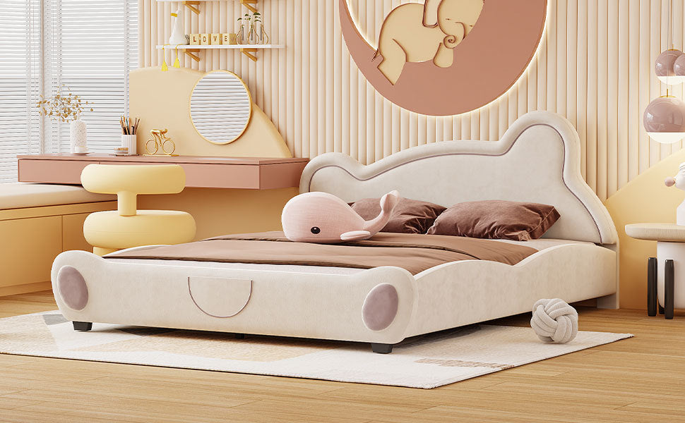 Queen Size Velvet Platform Bed With Bear Shaped Headboard, With Bed End Storage Pocket, Beige Queen Beige Plywood