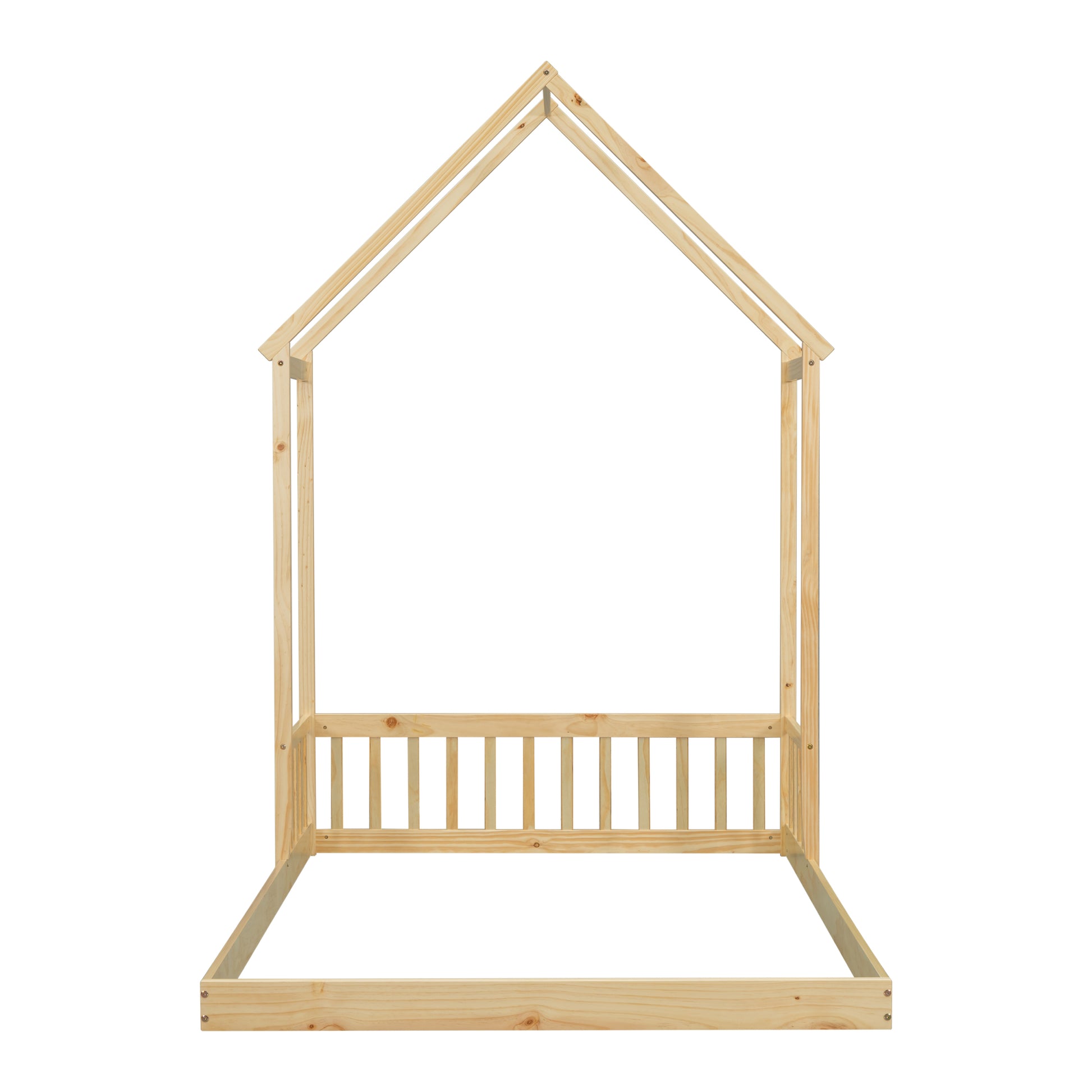 Full Roof Framed Headboard Floor Bed With Headboard Guardrails, Without Slats,Natural Full Natural American Design Pine