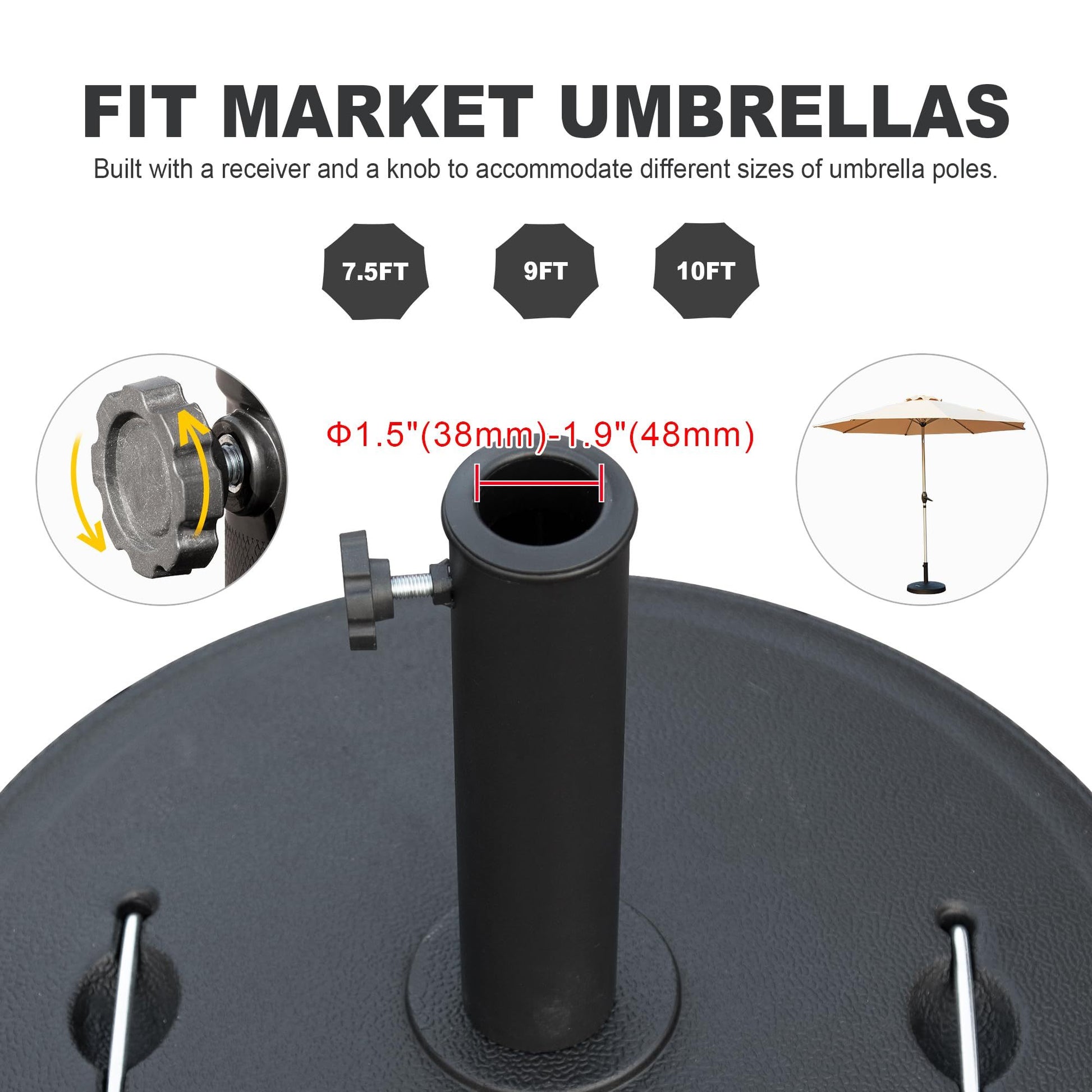 Patio Umbrella Base, Umbrella Stand Base With Adjustable Knob And 2 Durable Handles, Patio Table Umbrella Base For Outdoor 1.5'' 1.9'' Market Umbrella Heavy Duty Umbrella Holder, Black Black Resin