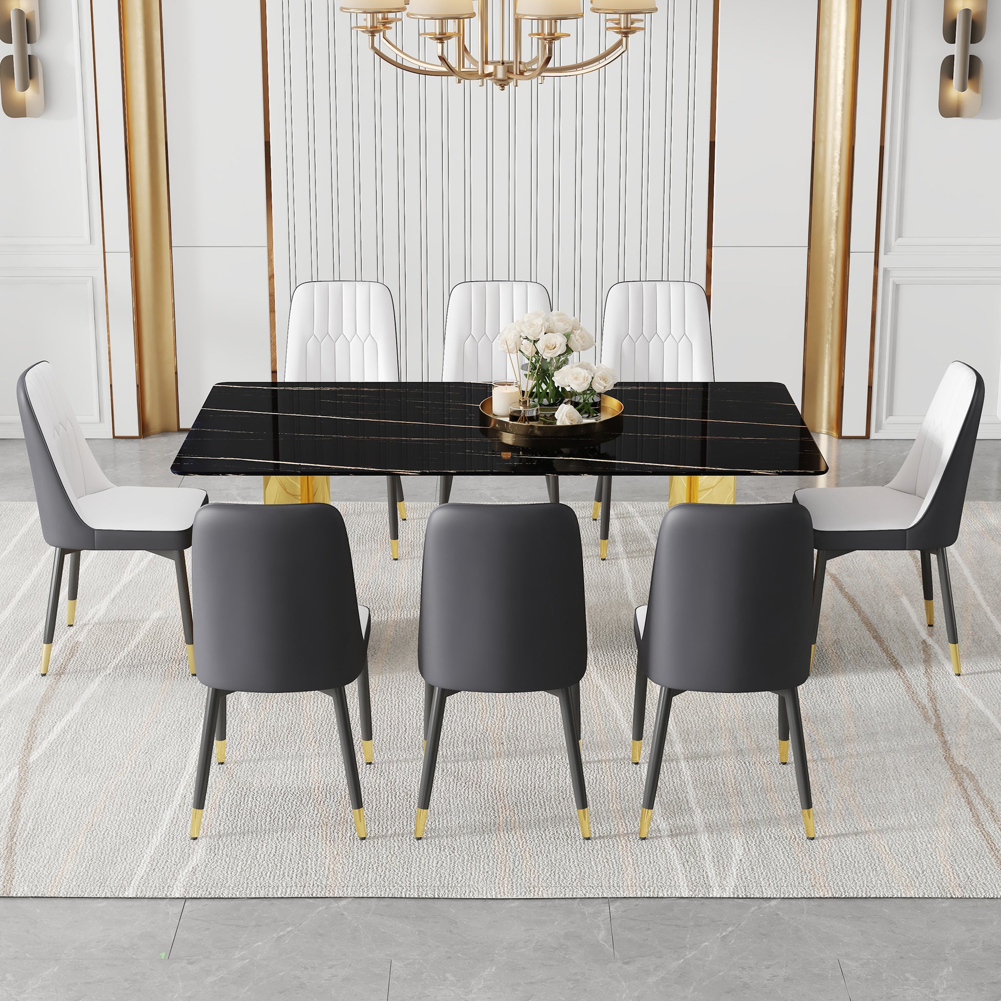 Table And Chair Set.The Table Has A Glass Top With Imitation Marble Pattern Stickers And Stainless Steel Golden Legs. Paried With Chairs With Pu Artificial Leather Backrest Cushions And Black Legs. Black Gold Seats 8 Glass Metal