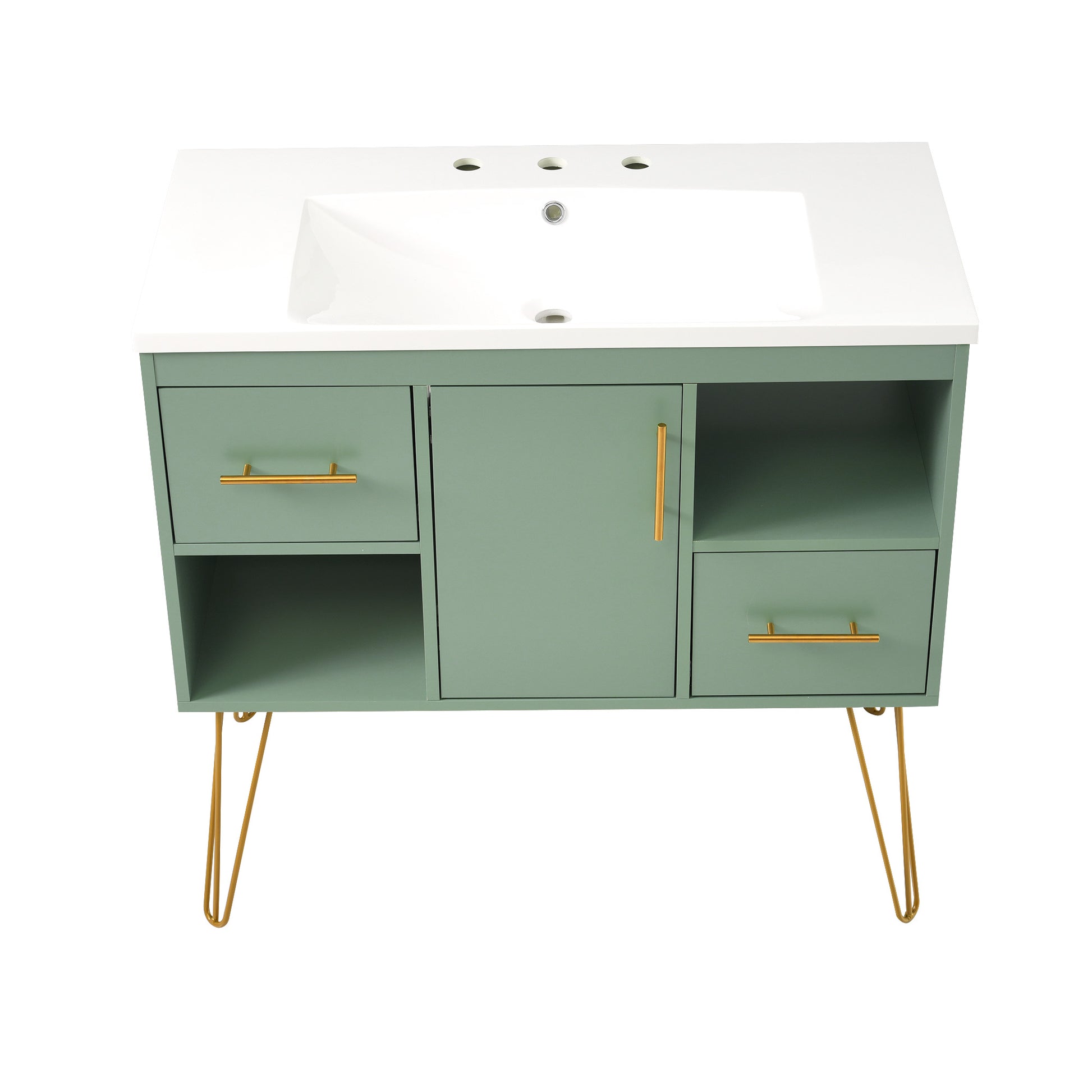 36'' Bathroom Vanity With Resin Sink Combo Set, Modern Freestanding Single Bathroom Cabinet With 2 Drawers & 2 Storage Compartments, Storage Cabinet For Bathroom, Solid Wood Frame Vanity Set, Green Green Bathroom Modern Mdf