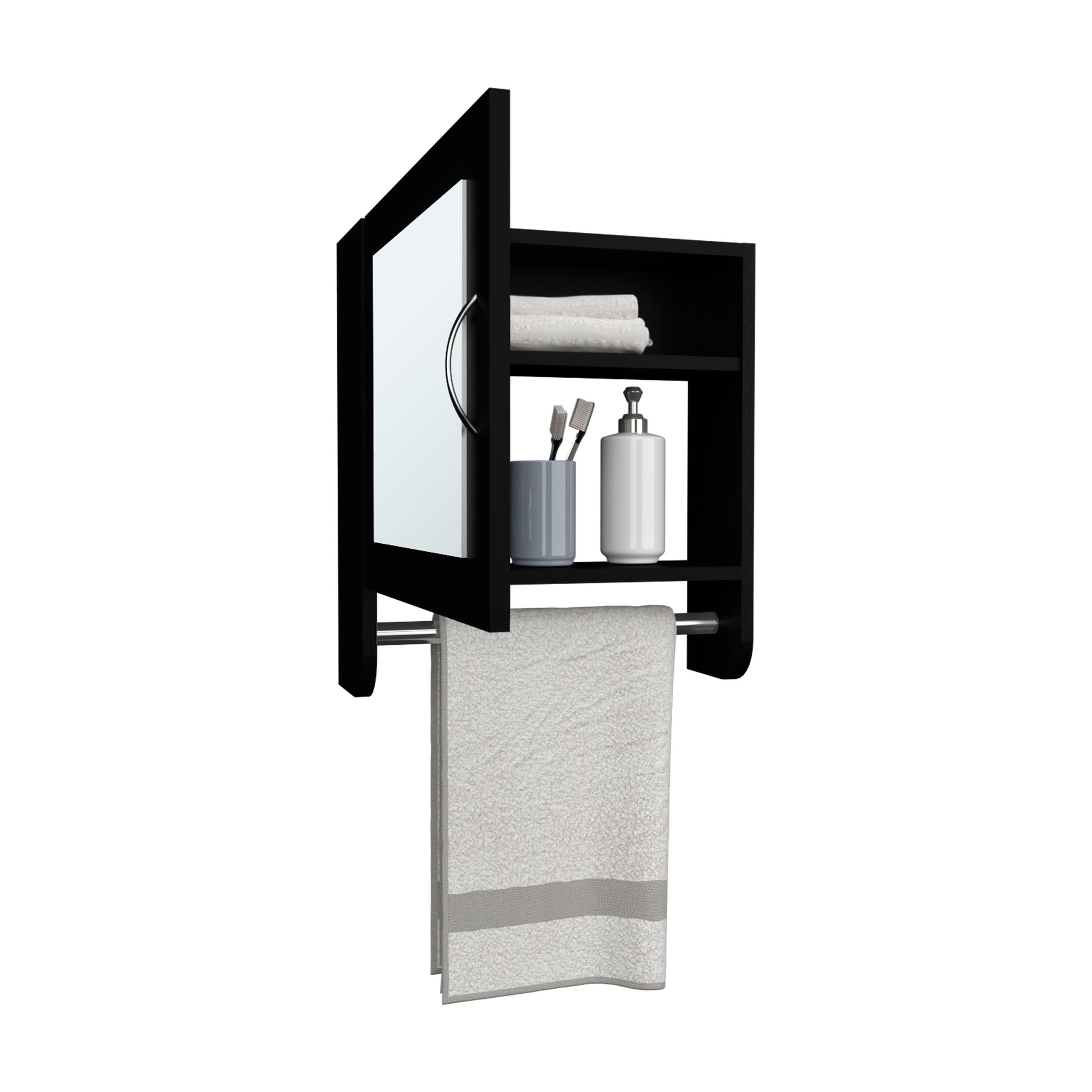 Botiq 19.7" H X 17.7" W Mirror Medicine Cabinet With Towel Rack White, One Door With Two Interior Shelves For Bathroom, Kitchen Black Black Particle Board