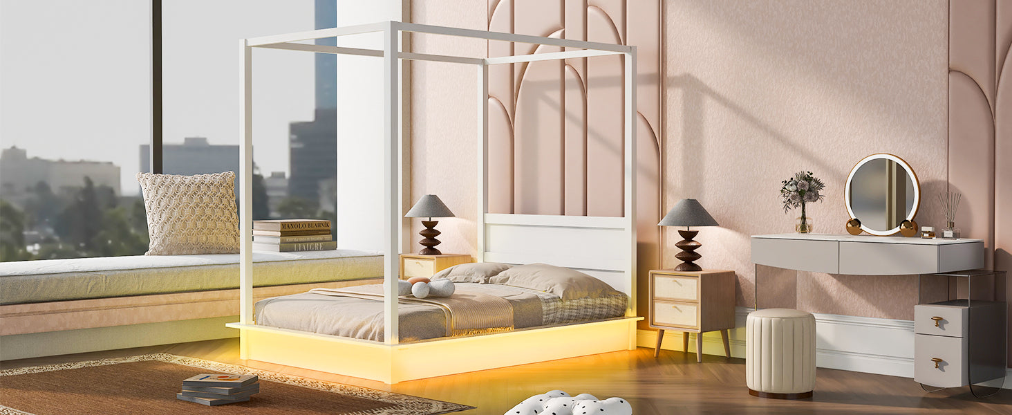 Full Size Wood Led Canopy Bed ,Canopy Platform Bed With Support Slats, No Box Spring Needed, White Full White Plywood