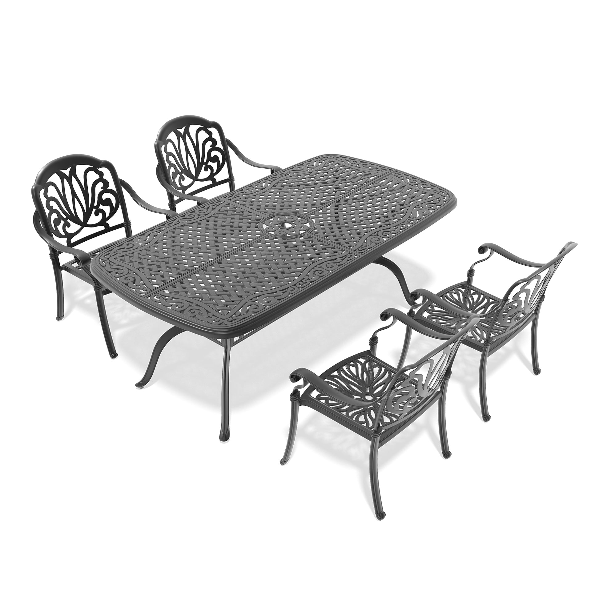 Cushions In Random Colors 5 Piece Set Of Cast Aluminum Patio Furniture With Cushions Yes Dining Set Black Seats 4 Rust Resistant Frame Water Resistant Cushion Garden & Outdoor Complete Patio Sets Aluminium