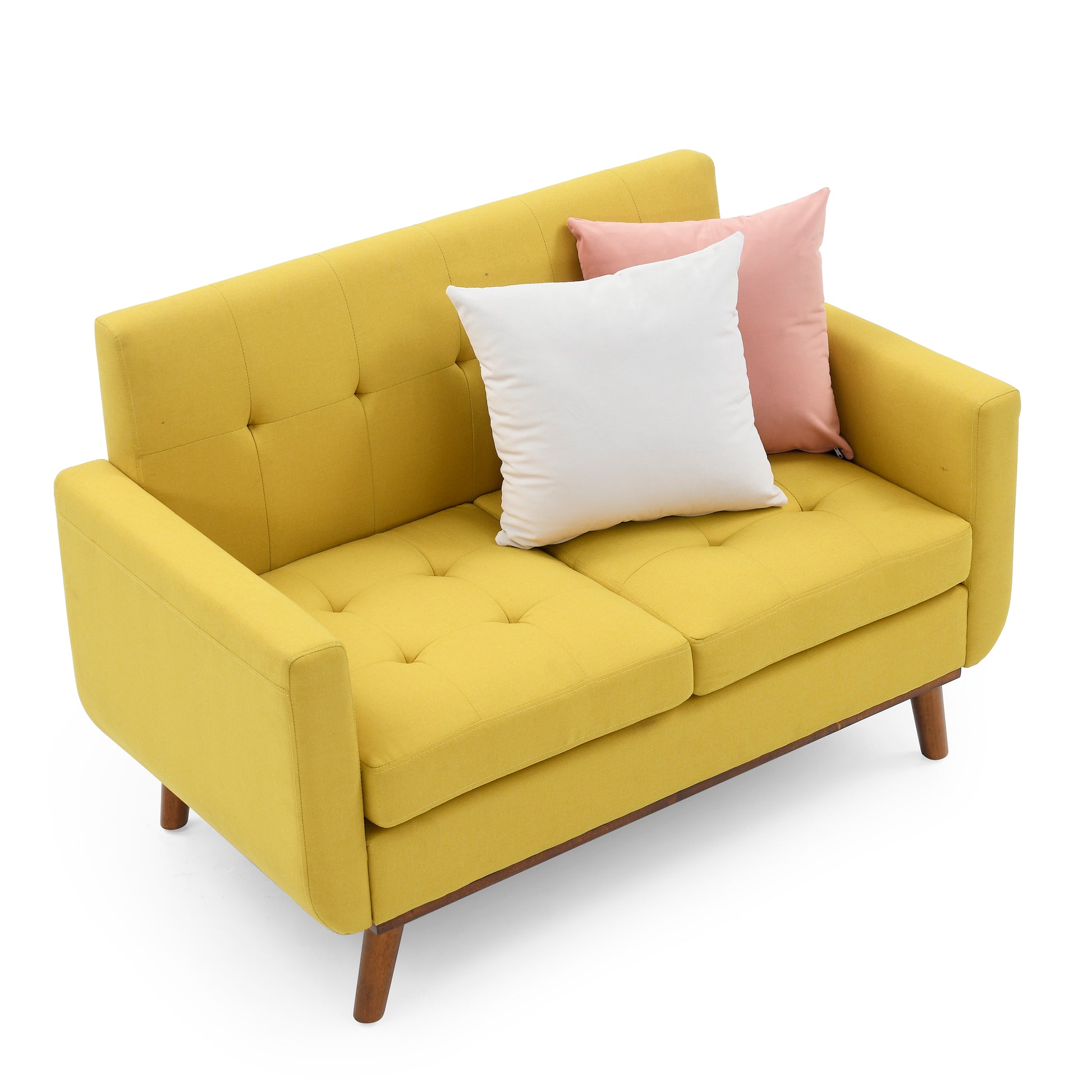 Loveseat Sofa, Mid Century Modern Decor Beautiful Seat Couches For Living Room, Button Tufted Upholstered Small Couch For Bedroom, Solid And Easy To Install Beautiful Seats Furniture, Yellow Yellow Foam 2 Seat