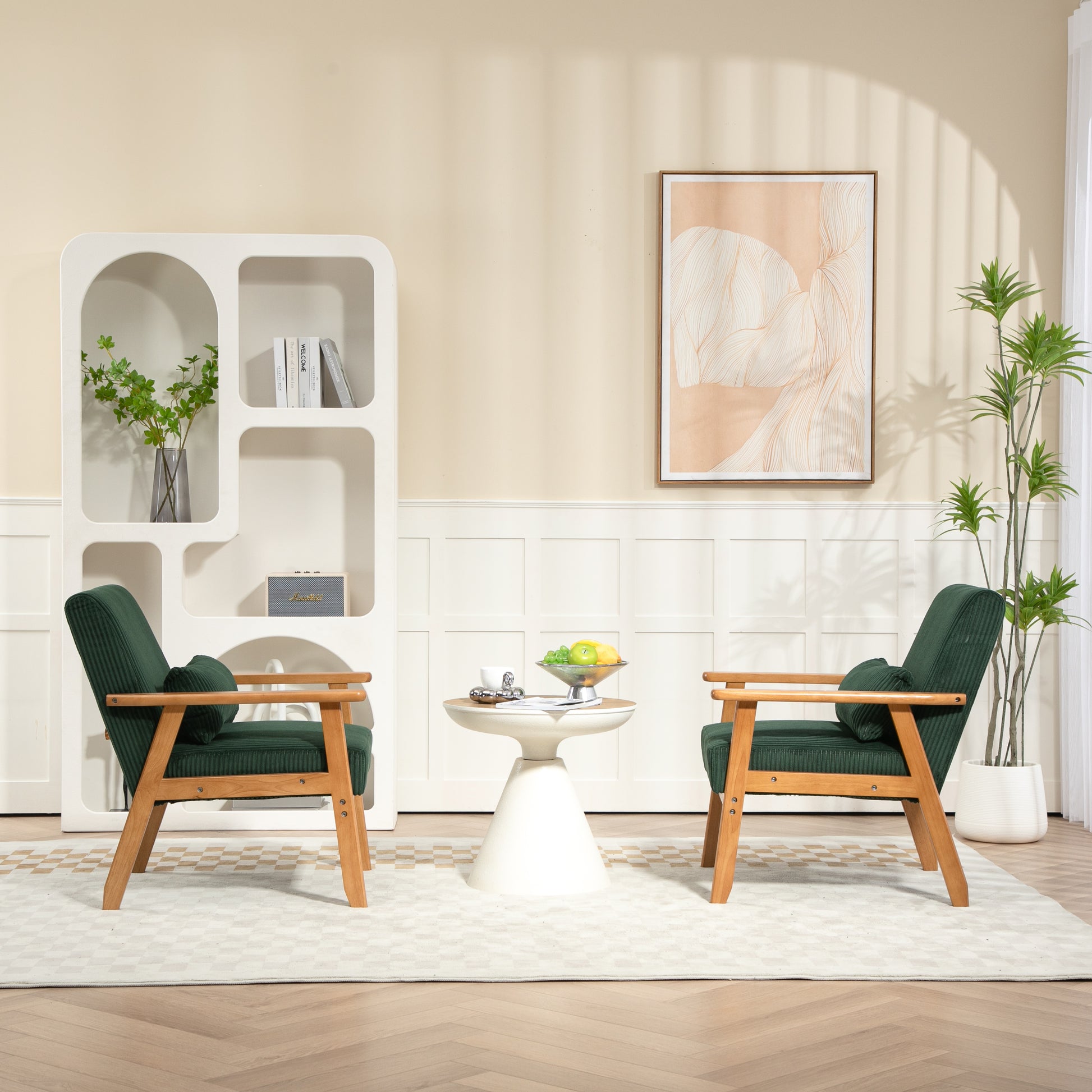 Leisure Chair With Solid Wood Armrest And Feet, Leisure Chair, Wood Frame, Velvet, Solid Rubber Wood Legs, Mid Century Modern Accent Chair, For Living Room Bedroom Studio Chair,Two Packs Emerald Corduroy