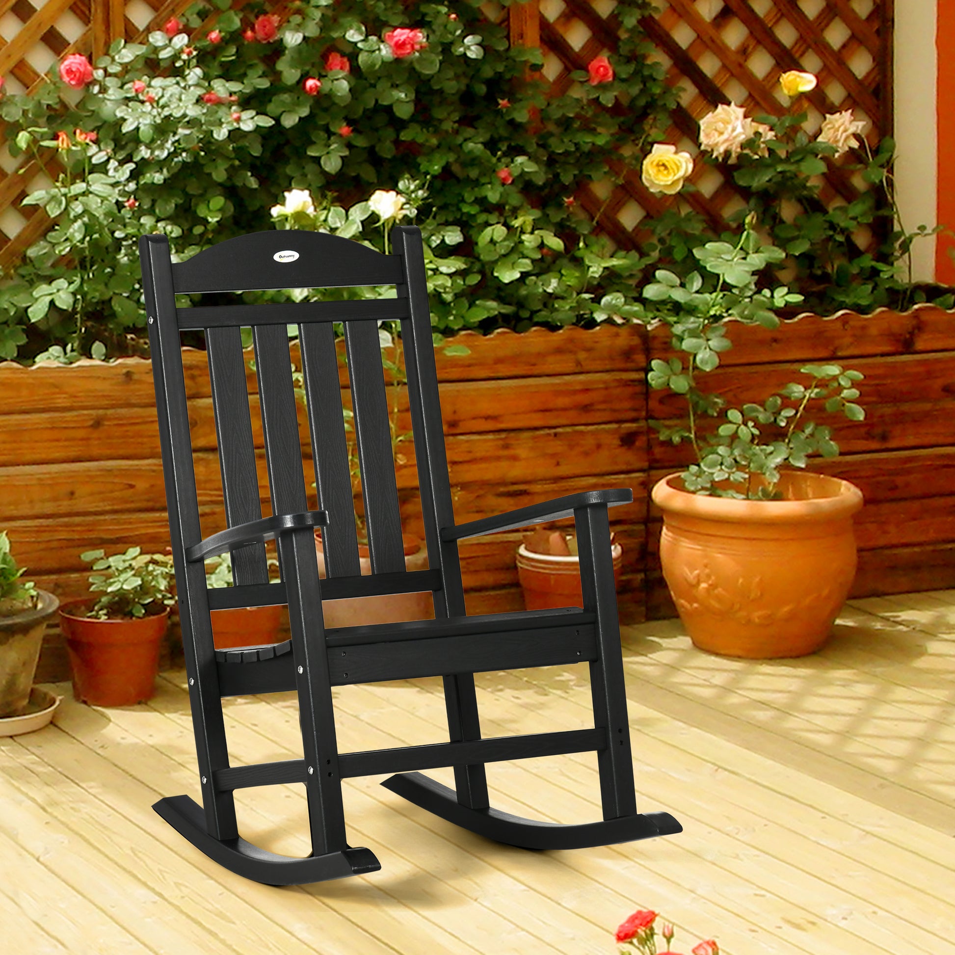Outsunny Outdoor Rocking Chair, All Weather Resistant Hdpe Rocking Patio Chairs With Rustic High Back, Armrests, Oversized Seat And Slatted Backrest, 350Lbs Weight Capacity, Black Black Plastic