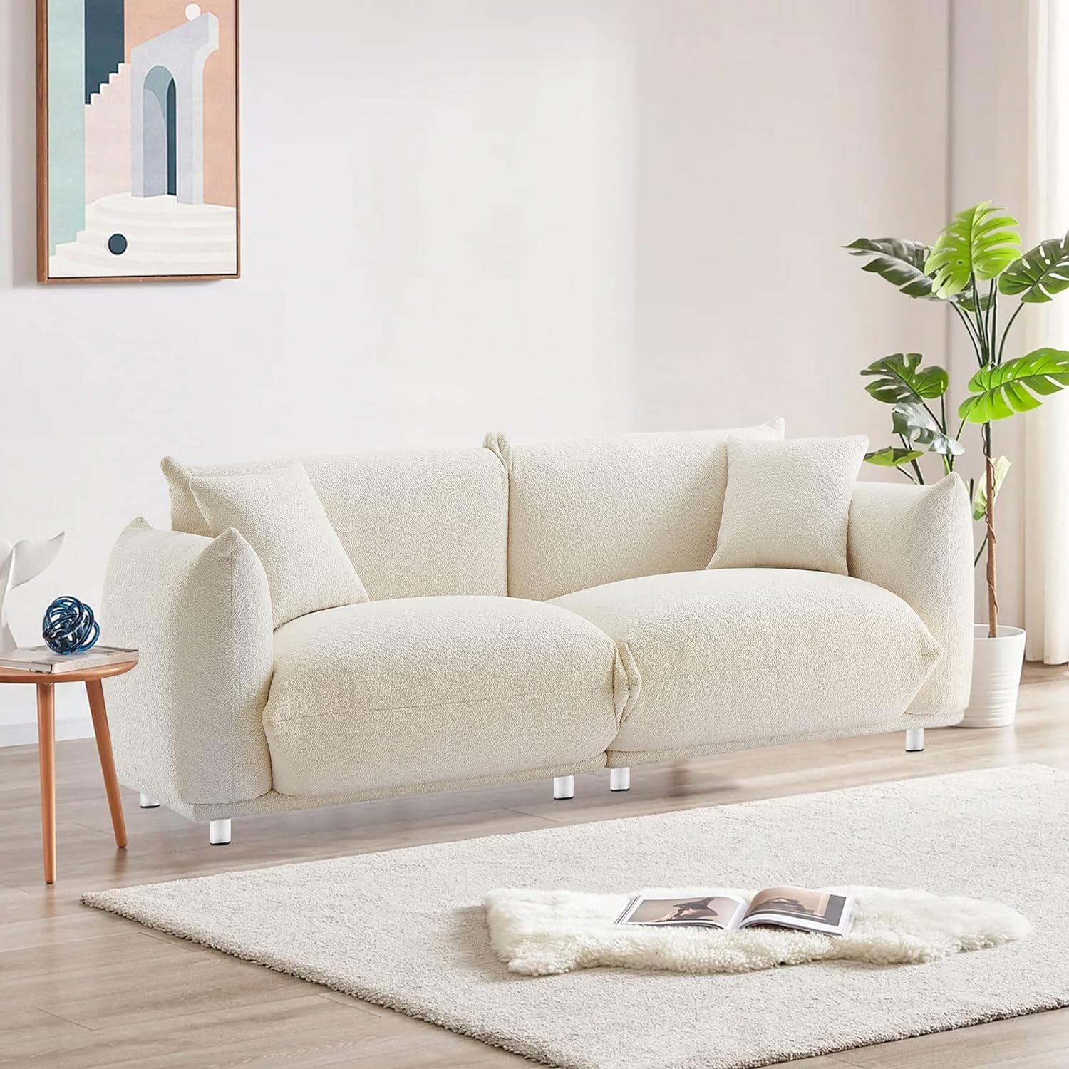 87'' Oversized Loveseat Sofa For Living Room, Sherpa Sofa With Metal Legs, 3 Seater Sofa, Solid Wood Frame Couch With 2 Pillows, For Apartment Office Living Room White White Fabric 2 Seat