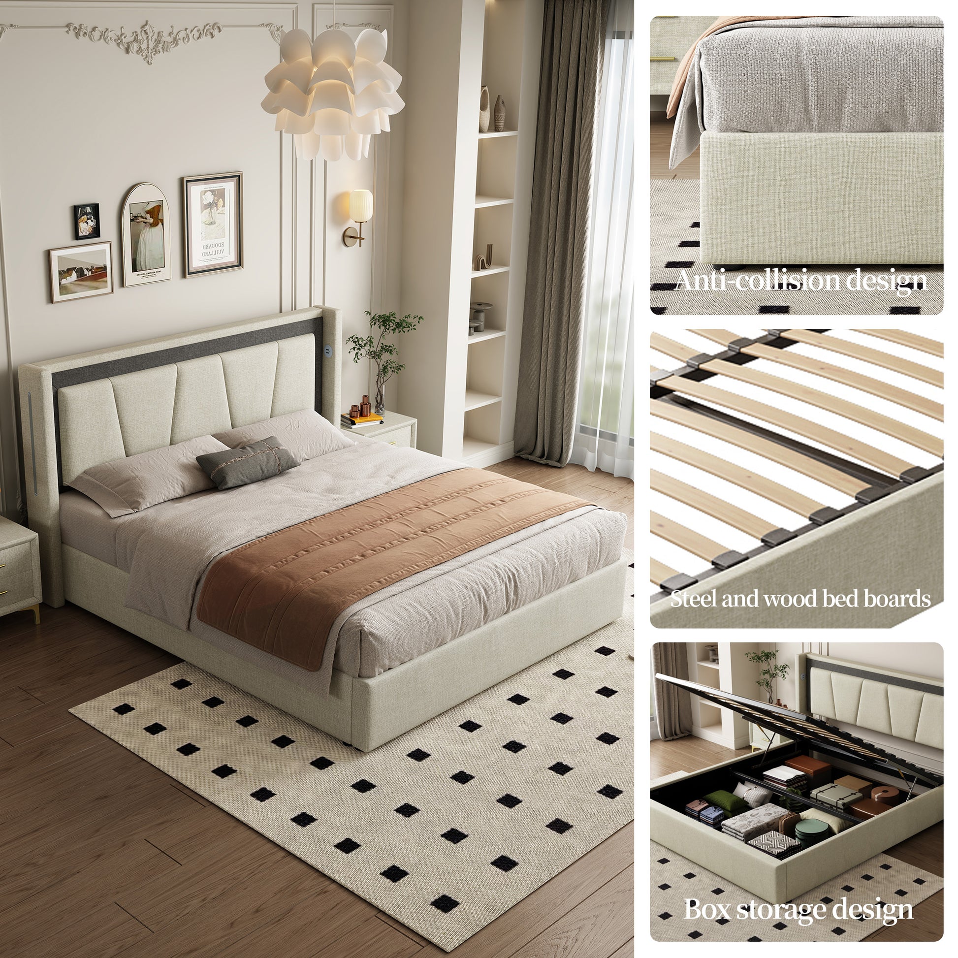 Queen Size, Cotton And Linen Fabric, Pneumatic Bed, With Storage Space Under The Bed, Stable Bed Structure,Light Gray Queen Light Gray Mdf Acacia