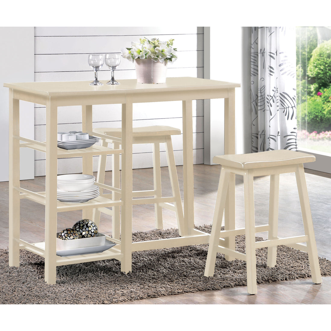 Buttermilk 3 Piece Counter Height Set With Shelves Wood Wood White Seats 2 Wood Dining Room Fixed Table Rubberwood 4 Leg Rectangular Dining Table With Chair Wood