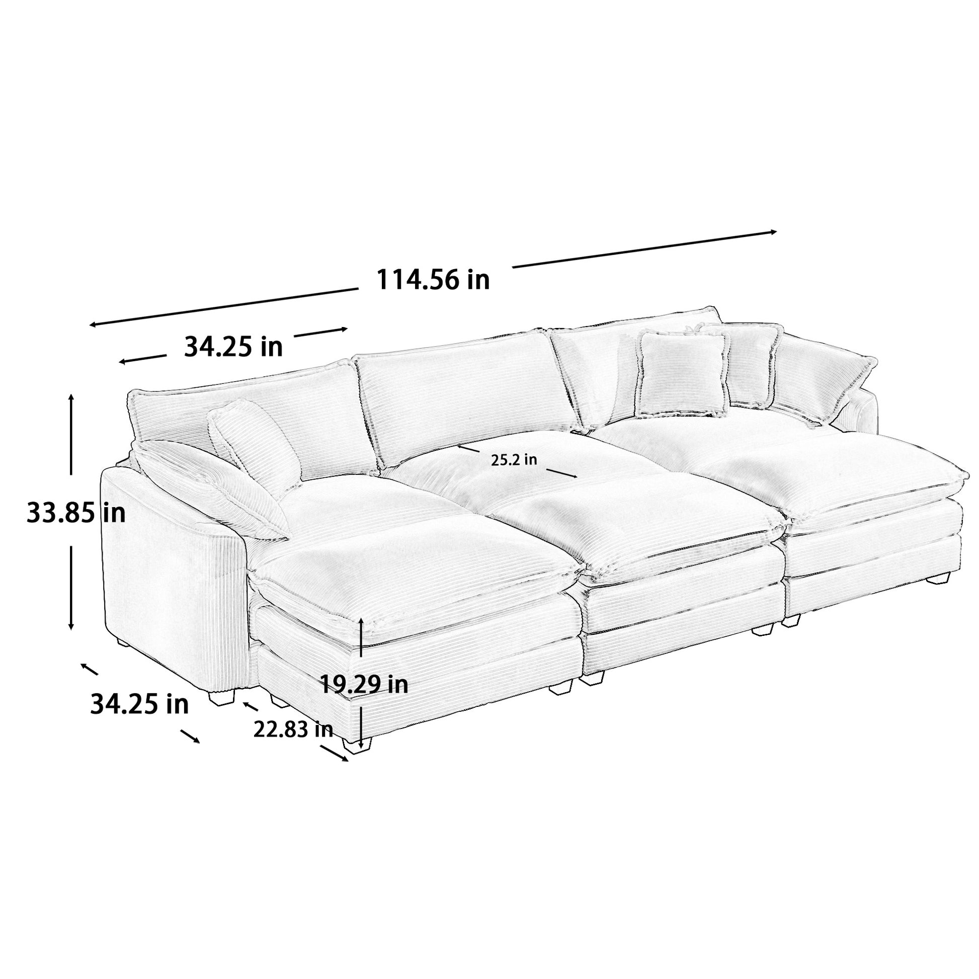 Oversized Modular Cushioned Sofa With 3 Ottomans, Modular Sofa Set To Work As Sleeper Sofa Bed6 Piece Sofa Set With One 3 Seater Sofa And Three Ottomans, Light Beige Corduroy Beige Corduroy 3 Seat