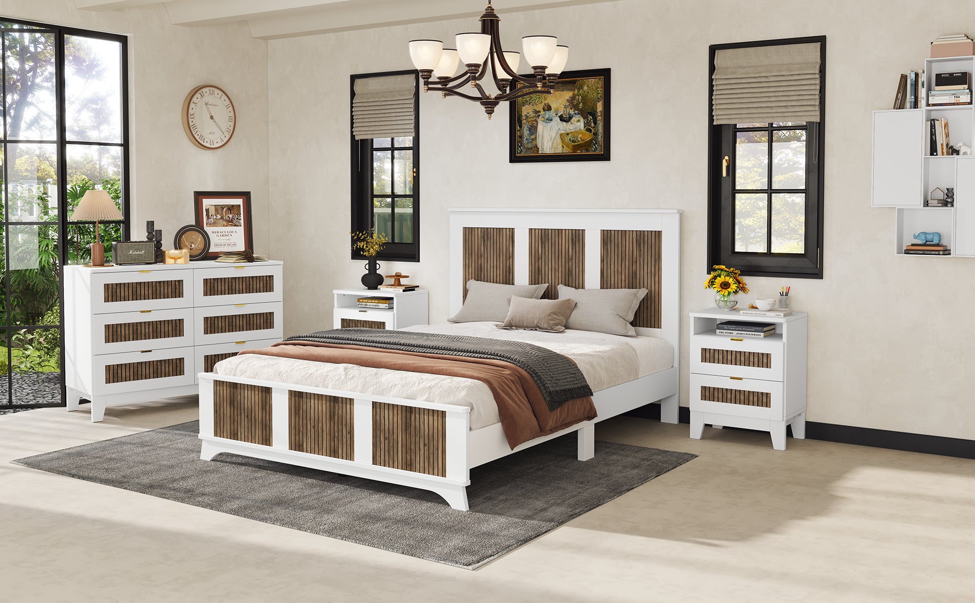 Farmhouse Wooden Platform Queen Size Bed, Modern Platform Bed With Wooden Strip Decoration, Plywood Slats Support, White Queen White Particle Board