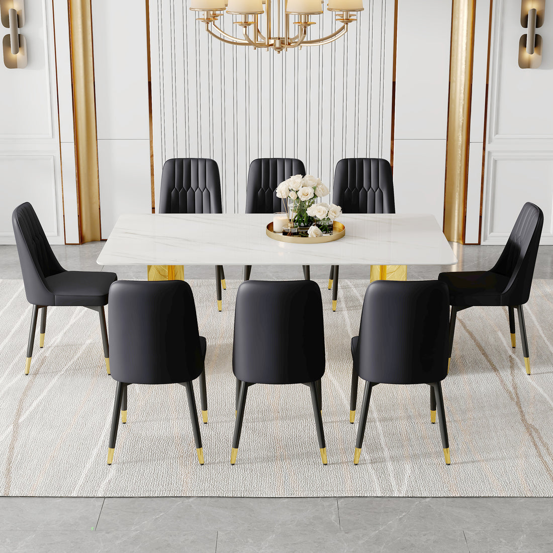 Table And Chair Set.The Table Has A Glass Top With Imitation Marble Pattern Stickers And Stainless Steel Golden Legs. Paried With Chairs With Pu Artificial Leather Backrest Cushions And Black Legs. White Gold Seats 8 Glass Metal