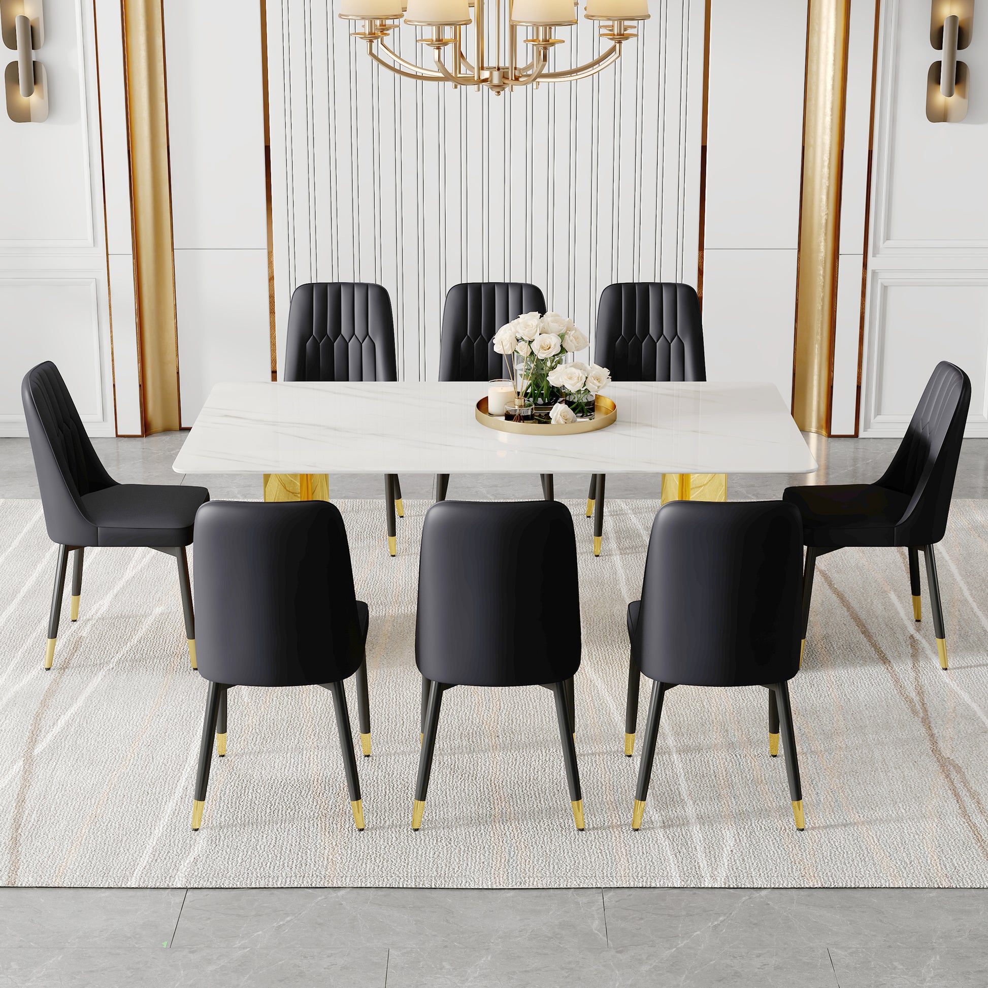 Table And Chair Set.The Table Has A Glass Top With Imitation Marble Pattern Stickers And Stainless Steel Golden Legs. Paried With Chairs With Pu Artificial Leather Backrest Cushions And Black Legs. White Gold Seats 8 Glass Metal