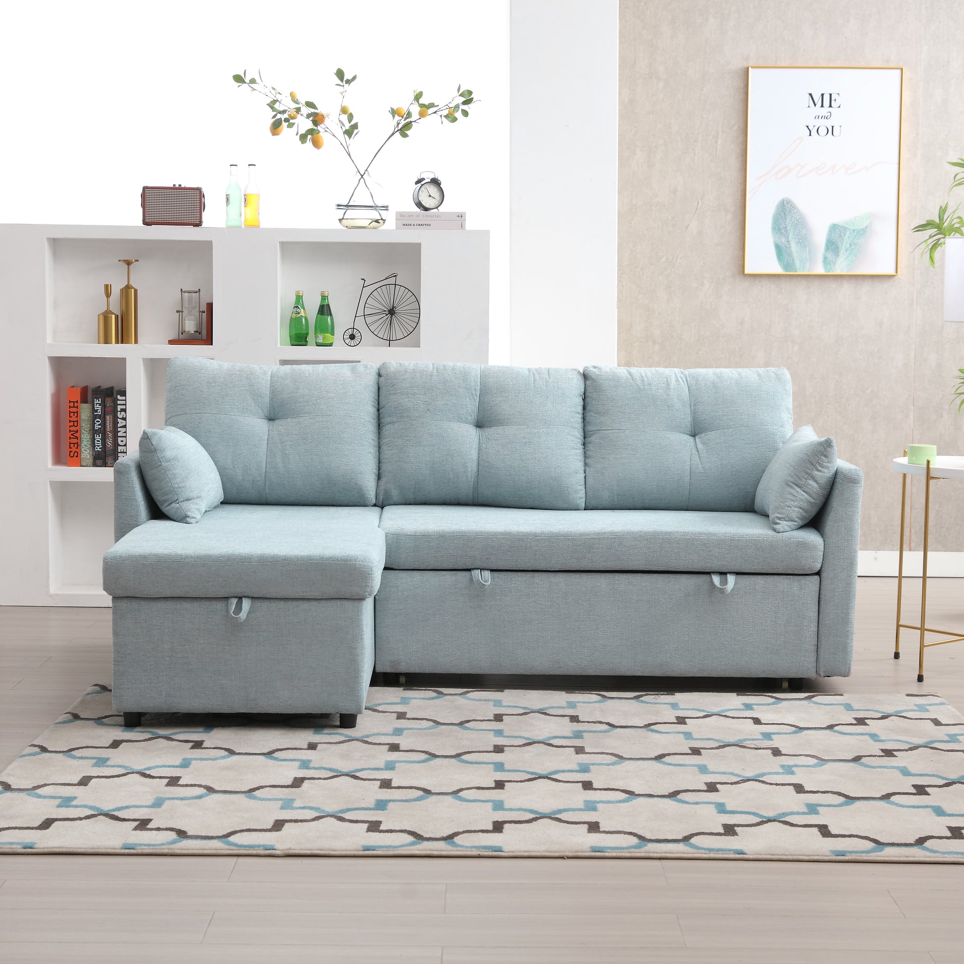 United We Win Furniture, Modular L Shaped Sofa, Modular Long Sofa With Reversible Chaise Lounge, Sofa Bed, Sleeper Sofa, Modular Sofa Combination With Storage Seats. Mint Green Chenille 3 Seat