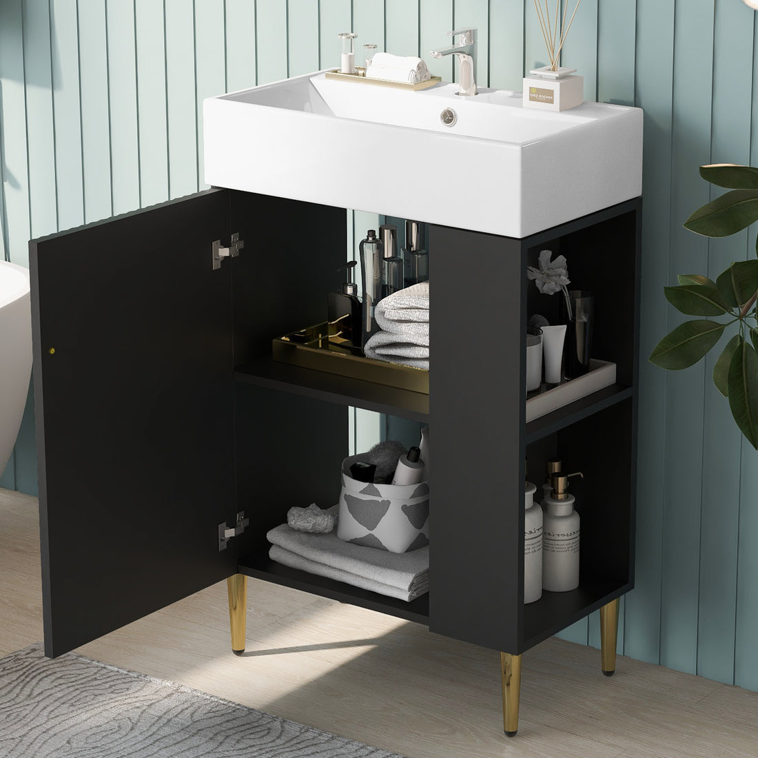 21.6" Black Bathroom Vanity, Combo Cabinet, Bathroom Storage Cabinet, Single Ceramic Sink, Right Side Storage Black Bathroom Ceramic Mdf