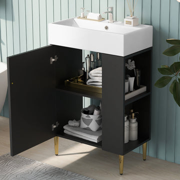 21.6" Black Bathroom Vanity, Combo Cabinet, Bathroom Storage Cabinet, Single Ceramic Sink, Right Side Storage Black Bathroom Ceramic Mdf