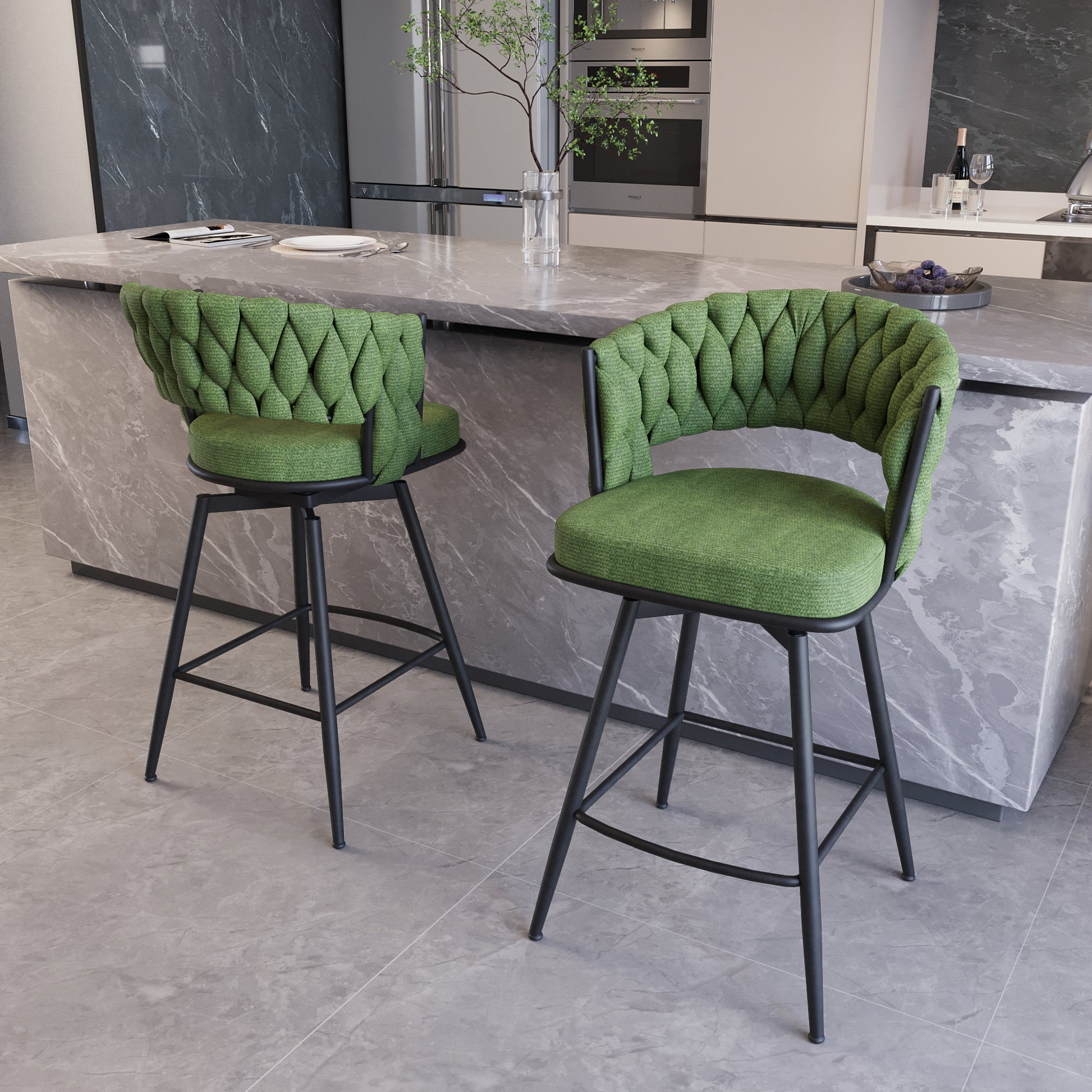 Bar Chair Linen Woven Bar Stool Set Of 2, Black Legs Barstools No Adjustable Kitchen Island Chairs,360 Swivel Bar Stools Upholstered Bar Chair Counter Stool Arm Chairs With Back Footrest, Green Green Foam Linen