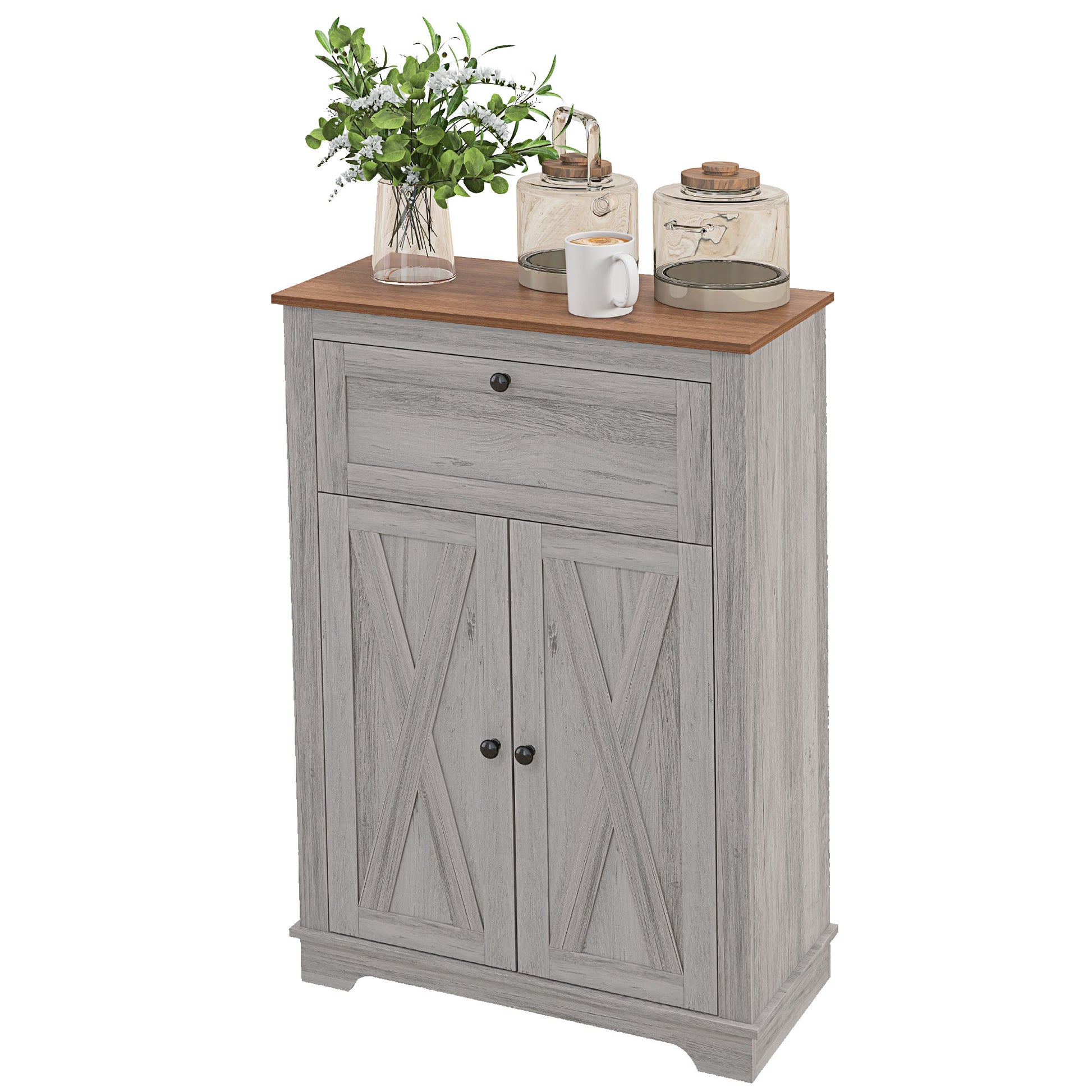 Homcom Farmhouse Barn Door Accent Cabinet, Kitchen Sideboard Storage Cabinet With Double Doors, Drawer, And Adjustable Shelf For Bedroom, Living Room, Light Gray Light Gray Particle Board