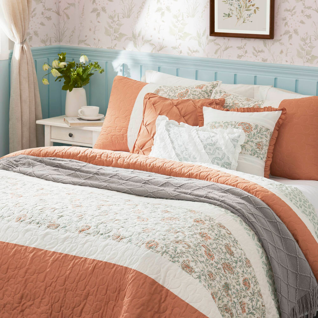 6 Piece Cotton Percale Quilt Set With Throw Pillows Coral Full Queen Full Coral Polyester