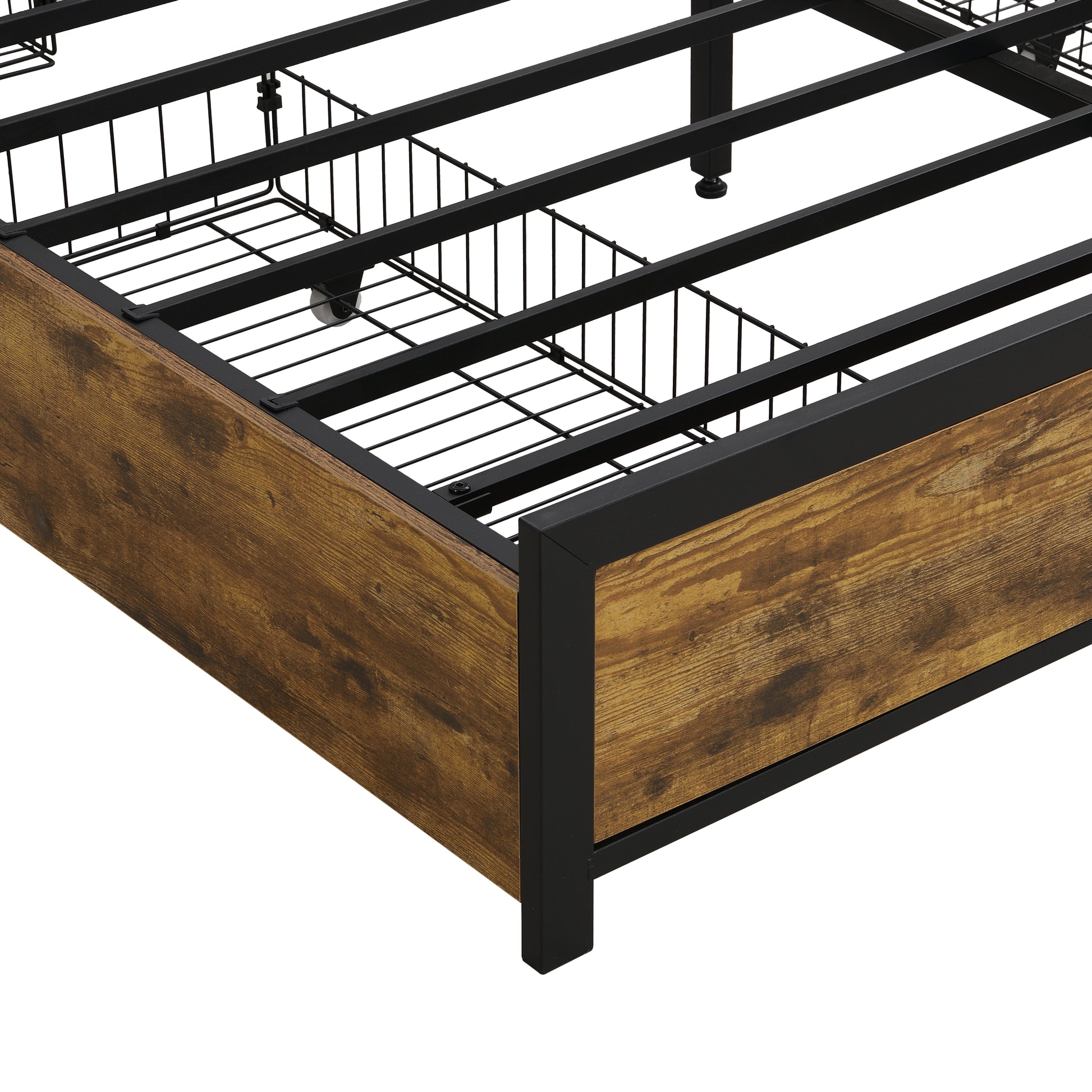 King Size Bed Frame, Storage Headboard With Charging Station And 4 Storage Drawers,Led Lightsbrown And And Gray Black Brown Grey Mdf Metal