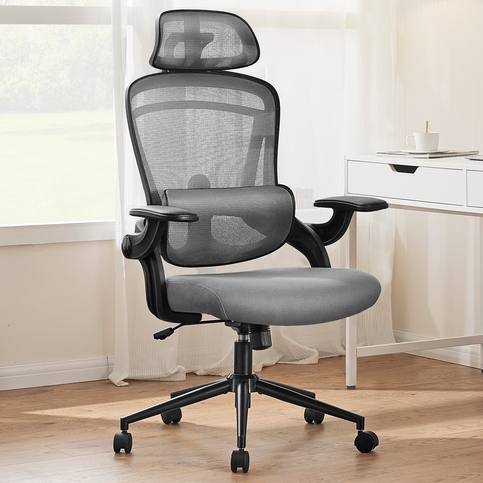 High Back Desk Chair With Adjustable Lumbar Support & Headrest,Comfortable Mesh Computer Chair With Soft Flip Up Arms, Adjustable Height And 120 Tilt,Gray Gray Abs Pc