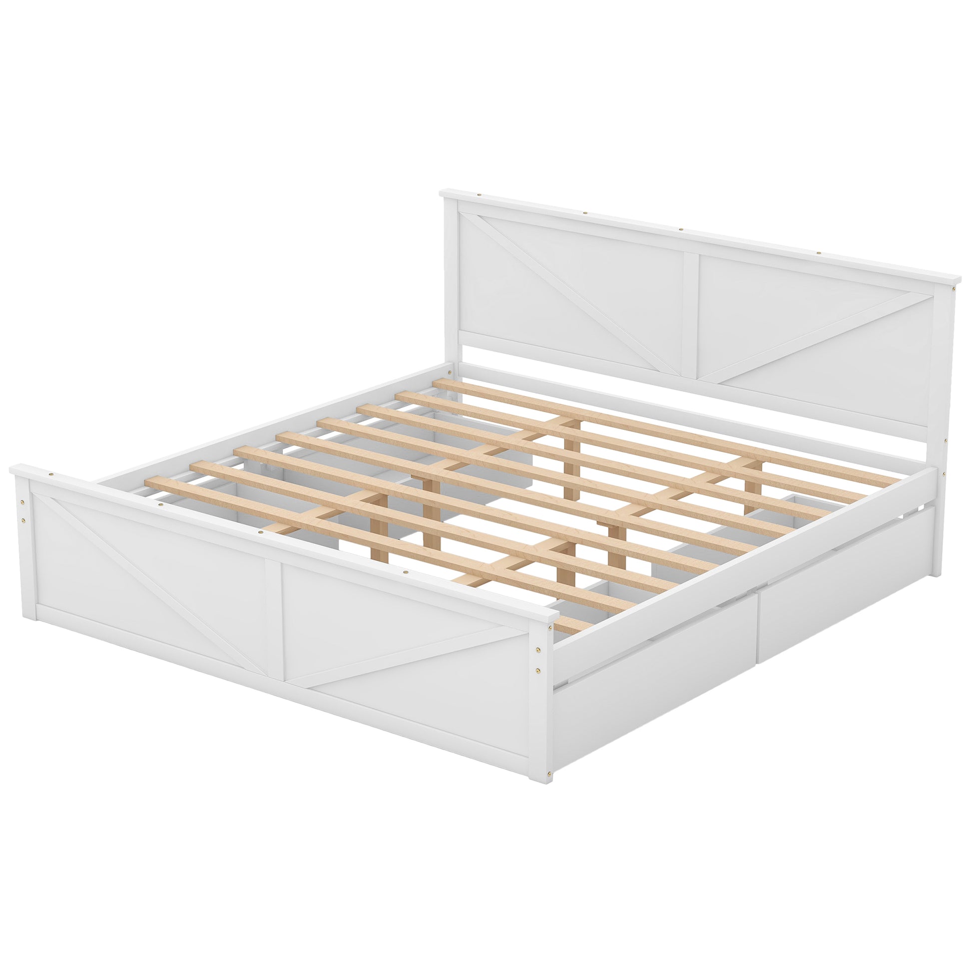 King Size Wooden Platform Bed With Four Storage Drawers And Support Legs, White King White Pine