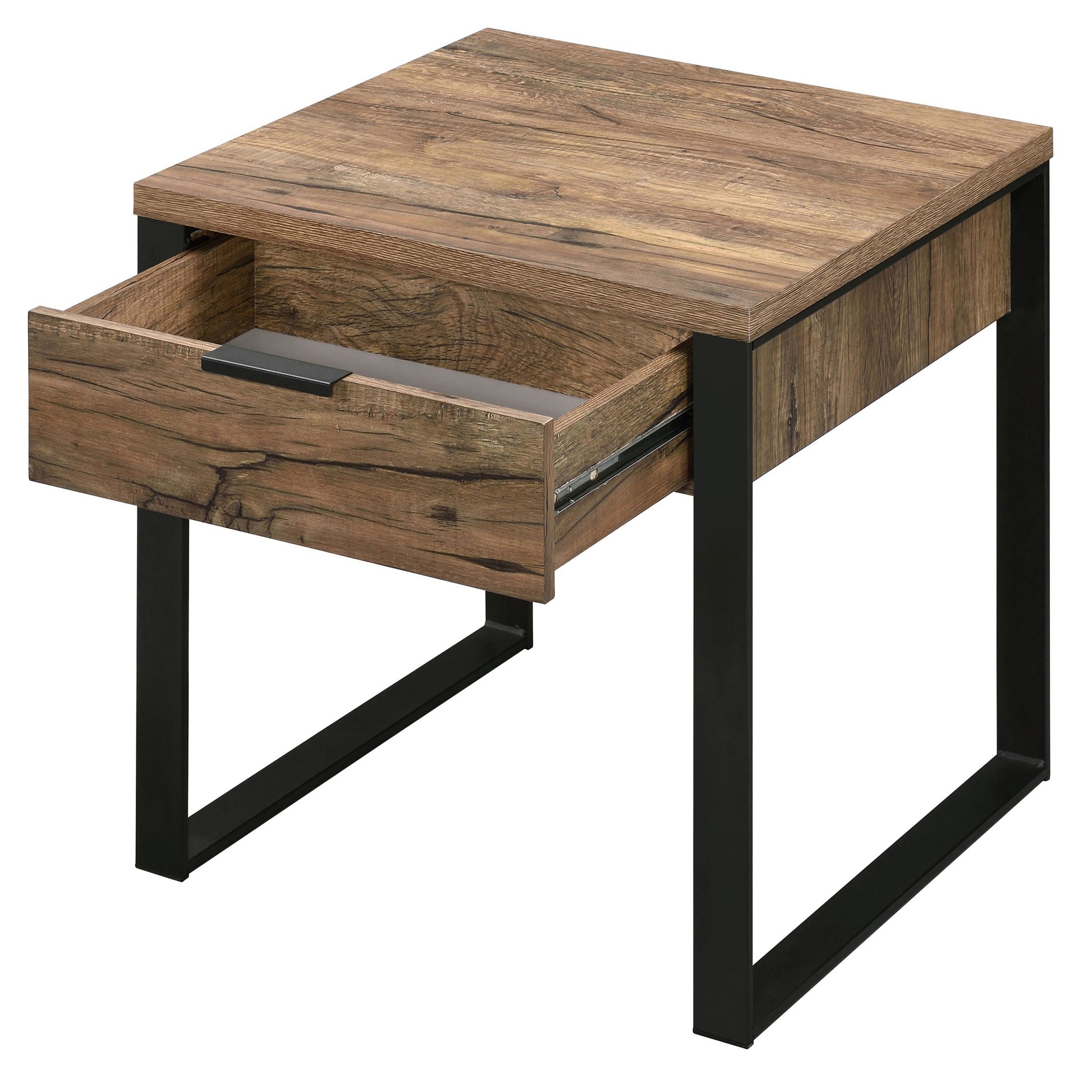 Weathered Oak And Black End Table With 1 Drawer Black Brown Primary Living Space Industrial Drawers Rectangular Wood Metal Sled
