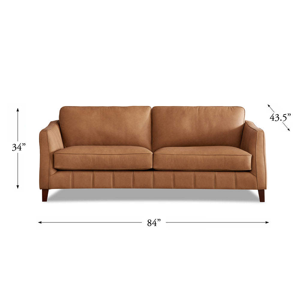Aria Top Grain Leather Sofa Couch Brown Genuine Leather Wood Primary Living Space Medium Firm Cushion Back Mid Century Modern Eucalyptus Square Arms Down Filling Leather 3 Seat