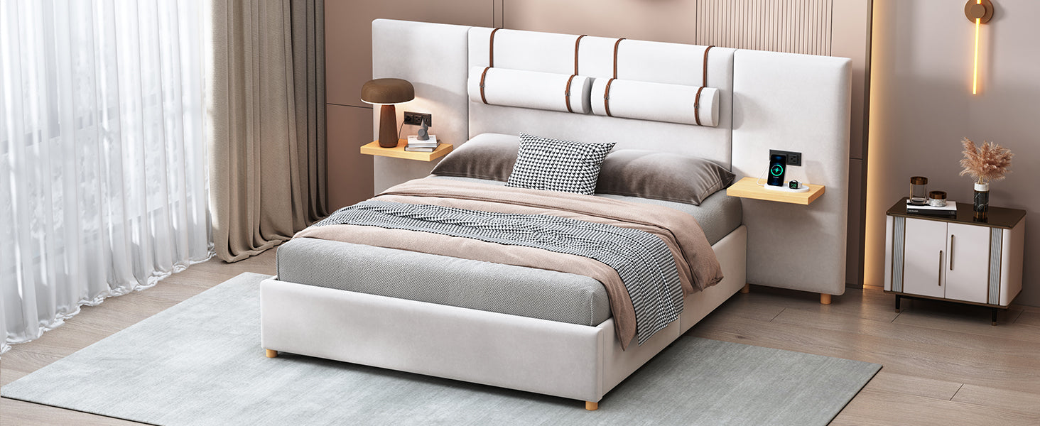 Queen Size Upholstered Platform Bed, Two Outlets And Usb Charging Ports On Both Sides, Two Bedside Pillows, Storage Shelves,Velvet, Beige Queen Beige Mdf Lvl