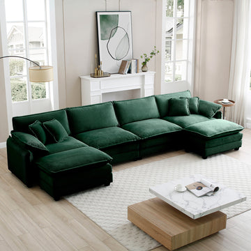 Over Size U Shape Corduroy Sofamodern Upholstered 4 Seater Sofa With 2 Ottomans, Premium Soft Corduroy Fabric Sofa Green Corduroy 4 Seat