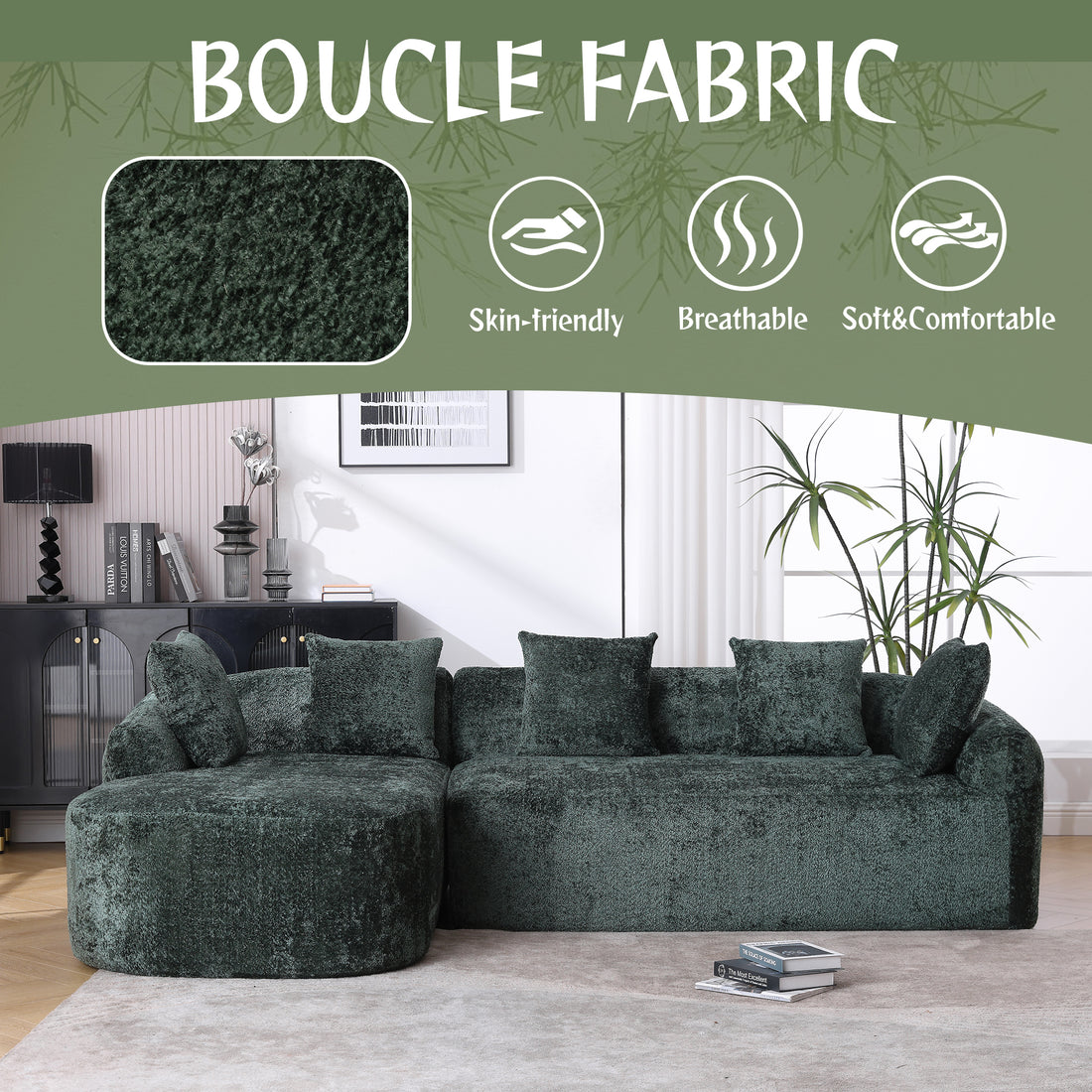 Coolmore Boucle Sofa 3 Seater For Living Room Oversized Comfy Sofa L Shape Sofa Couch With Chaise Home Furniture Sleeper Sectional Sofa For Apartment, Office Left Hand Facing Green Green Primary Living Space Foam Boucle 3 Seat