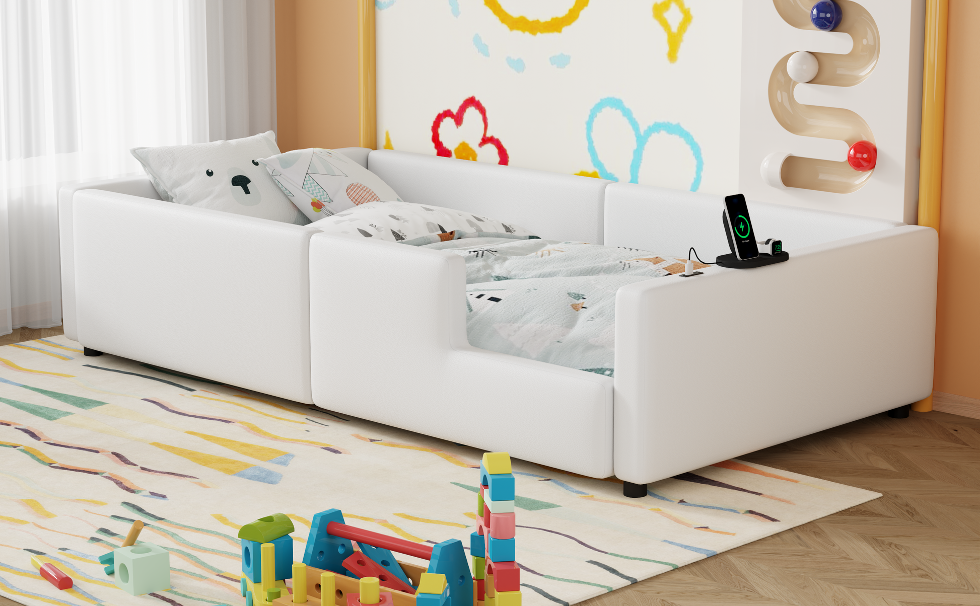 Twin Size Upholstered Platform Bed With Guardrail And Charging Station, White Box Spring Not Required Twin White Upholstered