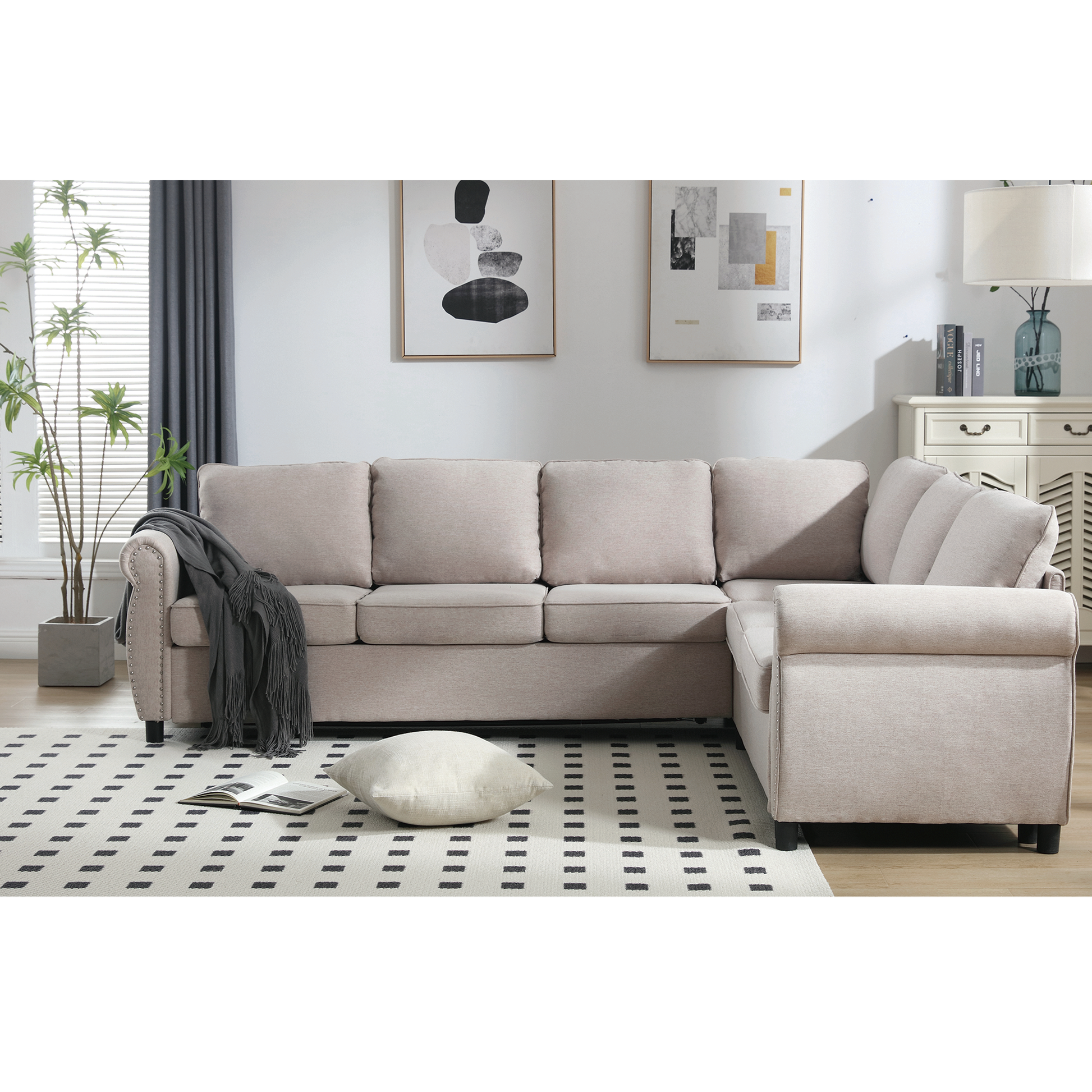 Arrived Sleeper Sofa, 2 In 1 Pull Out Couch Bed,6 Seater Sofa Bed, L Shaped Sleeper Sectional Sofa Couch,Riveted Sofa,104'' Large Combined Sofa Bed In Living Room, Beige Beige Polyester Wood Primary Living Space Medium Soft Cushion Back Modern Polyester