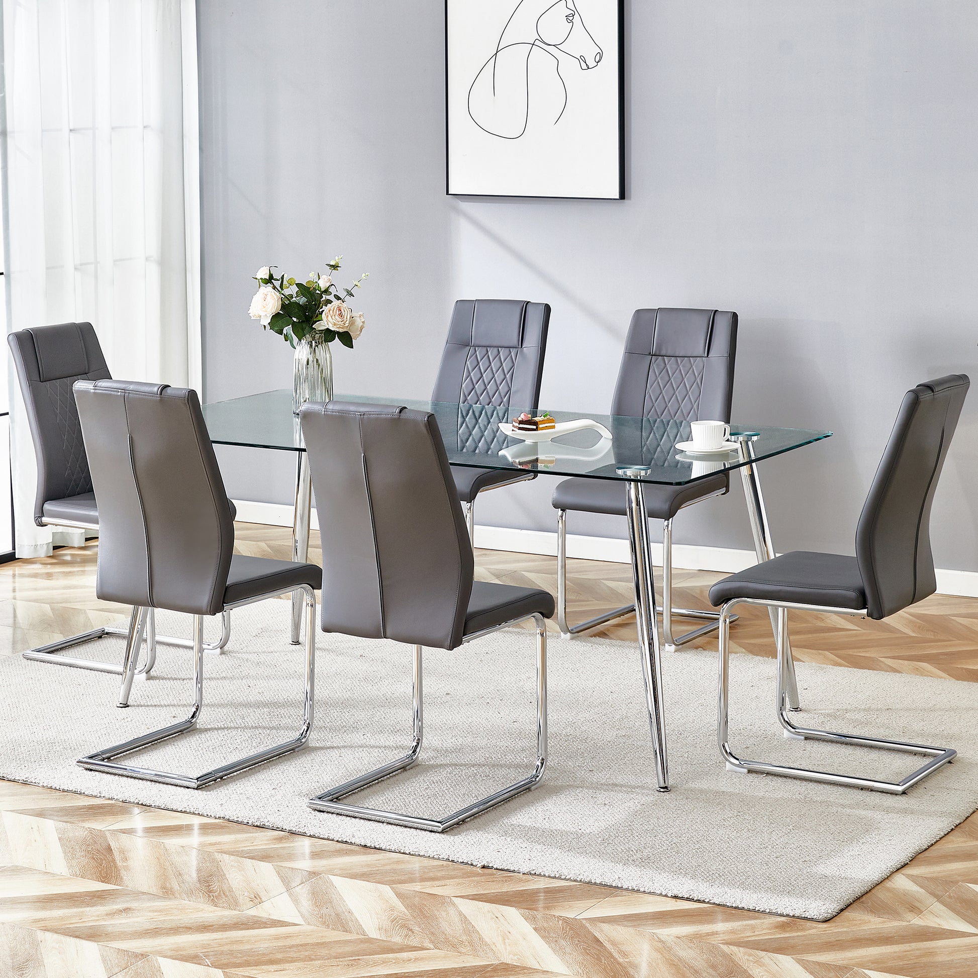 Table And Chair Set.Modern Rectangular Glass Dining Table With A Tempered Glass Tabletop And Silver Metal Legs, Paired With Multiple Chairs Designed With Pu Cushions And Silver Metal Legs. Gray Silver Seats 6 Tempered Glass