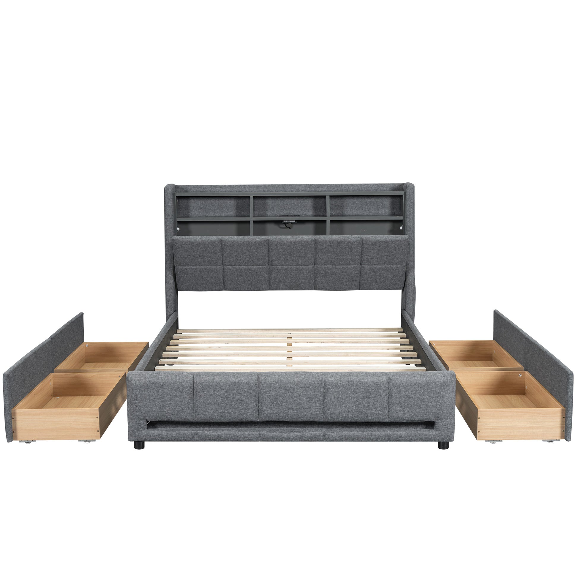 Full Size Upholstered Platform Bed With Storage Headboard, Led, Usb Charging And 4 Drawers, Gray Full Box Spring Not Required Gray Wood Linen Upholstered