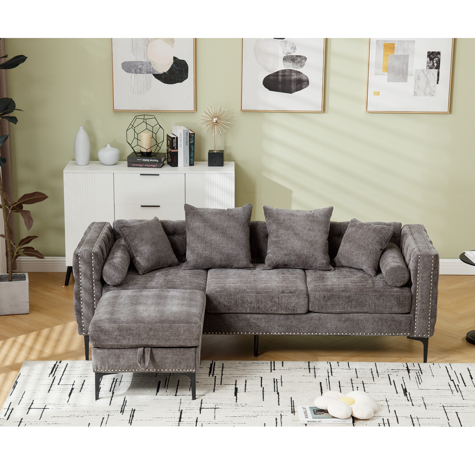 Arrived L Shaped Sectional Sofaconvertible Storage Ottoman,Chenille ,Square Arm, Modern Tufted Couch ,3 Seater, And Nailhead, Dark Gray Dark Gray Polyester Wood Primary Living Space Medium Soft Tufted Back Modern Square Arms Metal & Wood 4 Seat