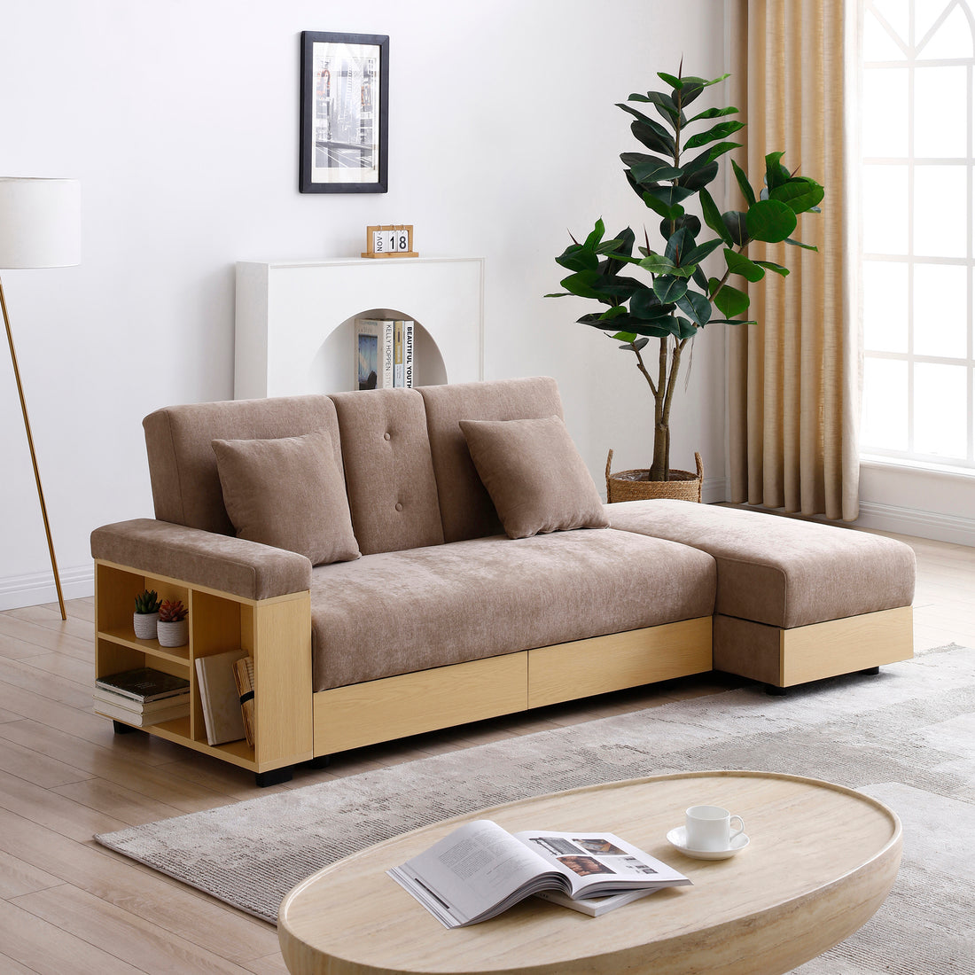 Convertible Sleeper Sofa Couch,Multifunctional Double Folding Sofa Bed,Storage Ottoman And Sofa Arm With Box And Drawer, Drop Down Table With 2Cup Holders For Living Room,Apartment,Office,Light Brown Light Brown Linen Wood Primary Living Space Modern