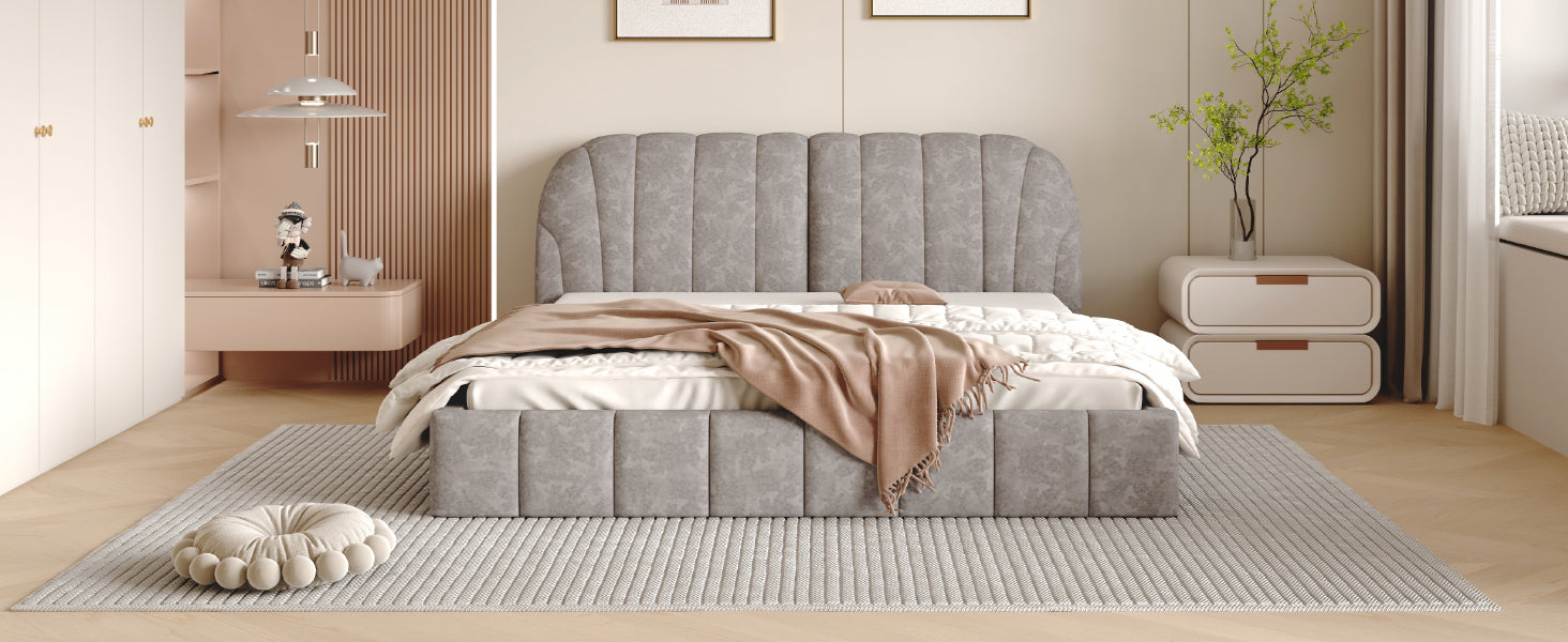 Queen Size Upholstered Platform Bed With Thick Fabric, Polyester, Gray Queen Gray Polyester