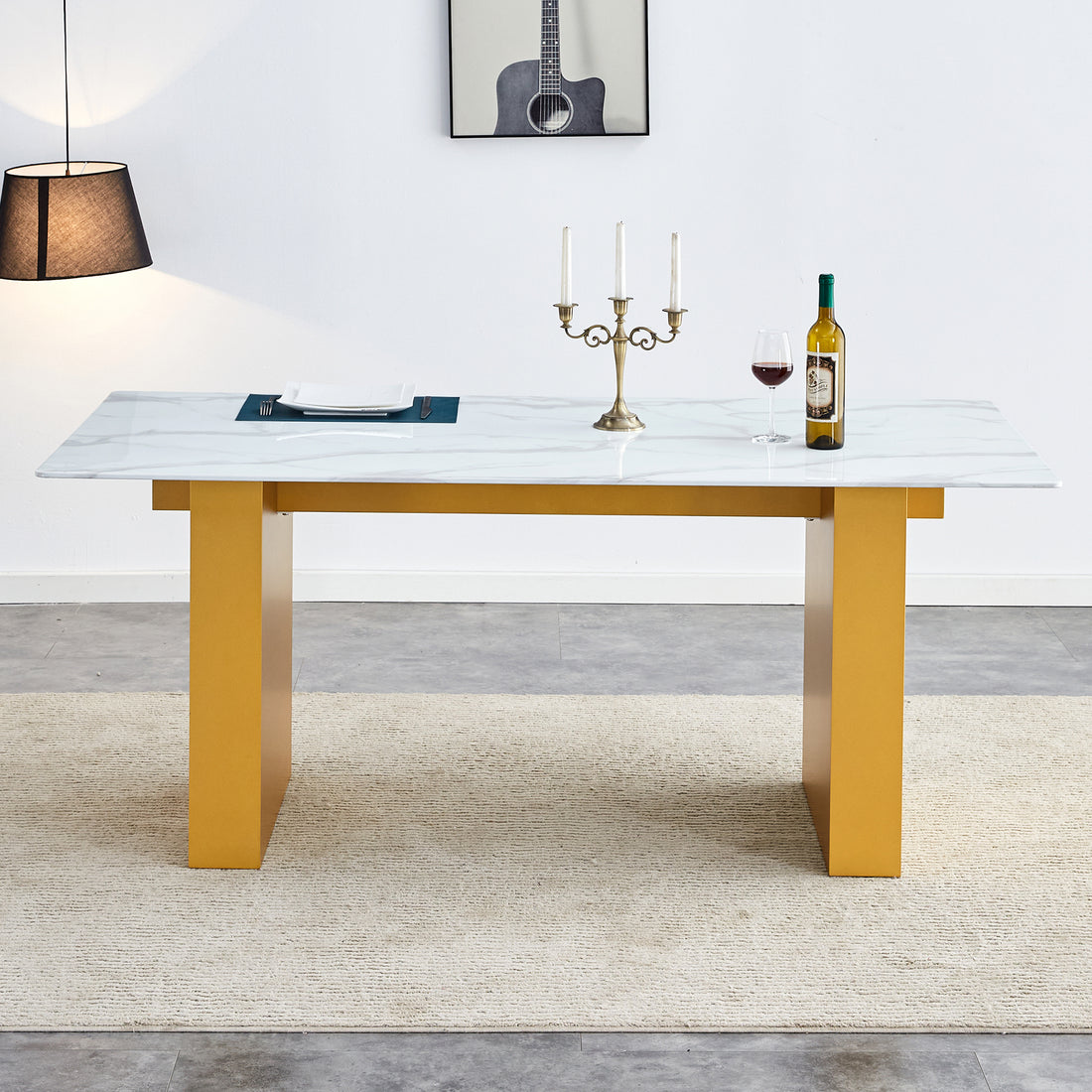 Large Modern Rectangular Table With 0.4 Inch Patterned Tabletop And Large Mdf Table Legs, Suitable For Kitchen, Dining Room, And Living Room 71 "* 35.4" * 30 " 1546 Gold Mdf Glass