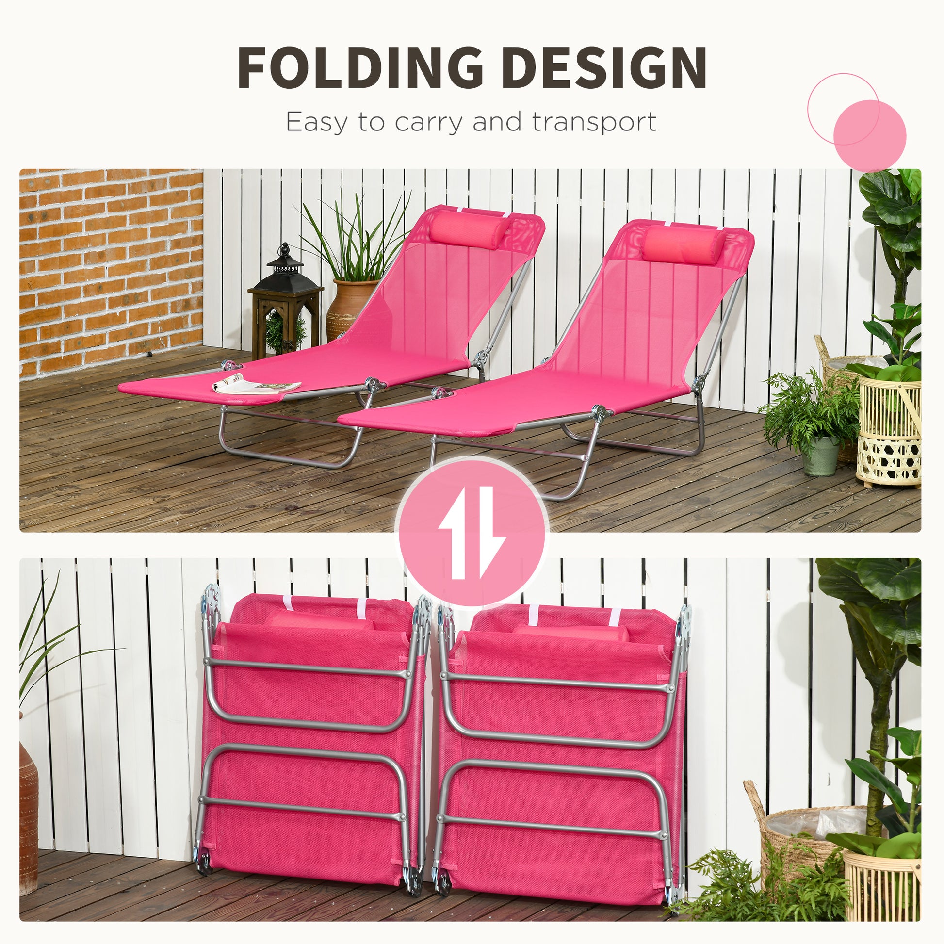 Outsunny 2 Piece Folding Chaise Lounge Chairs, Pool Sun Tanning Chairs, Outdoor Lounge Chairs With 6 Position Reclining Back,Mesh Seat, Headrest For Beach, Yard, Patio, Pink Pink Steel